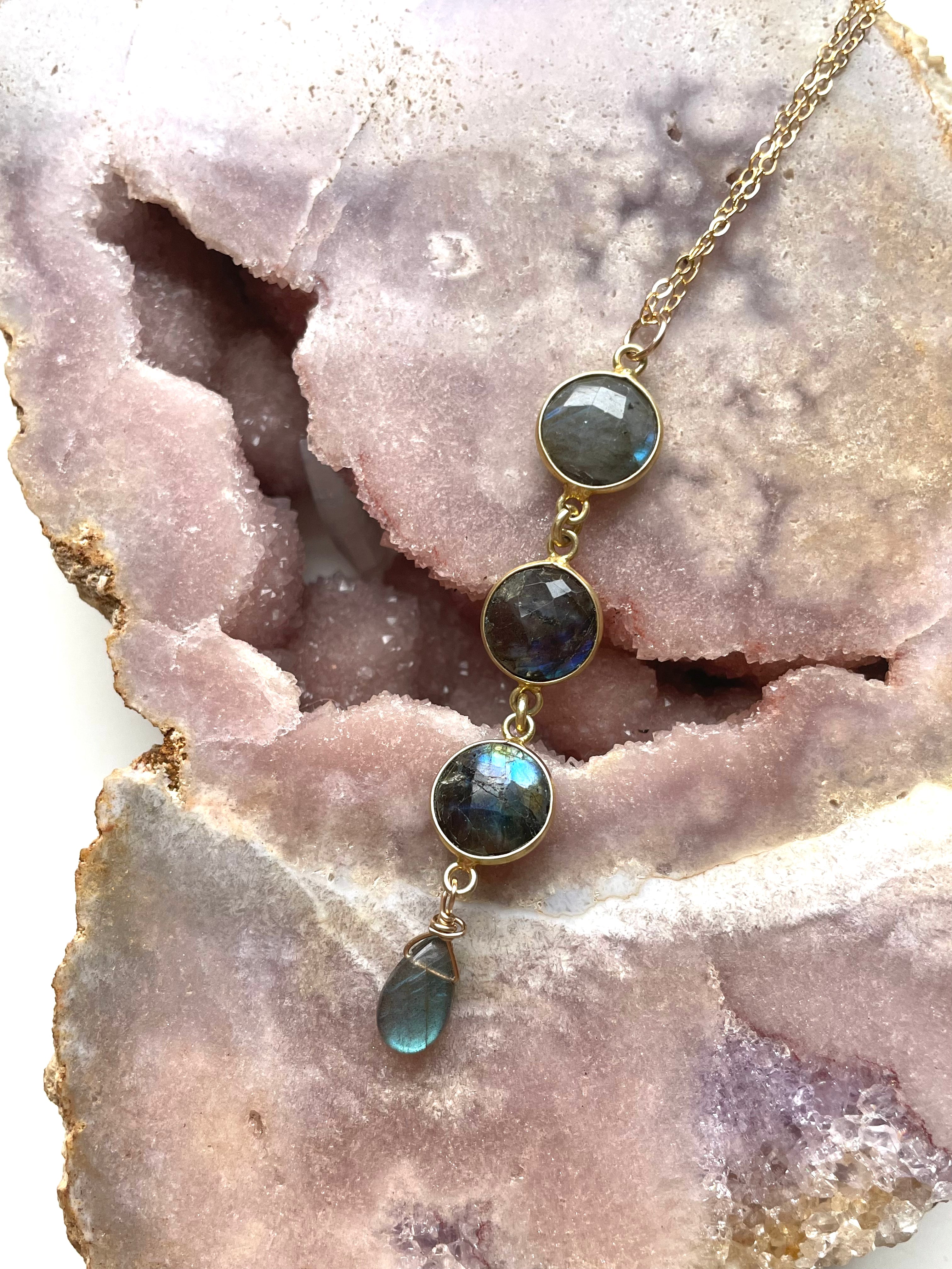 Natural Labradorite Lariat Necklace - 14K Gold or Sterling Silver Pendant - Elegant Crystal Jewelry for Women - Perfect for Weddings, Parties & Everyday Wear