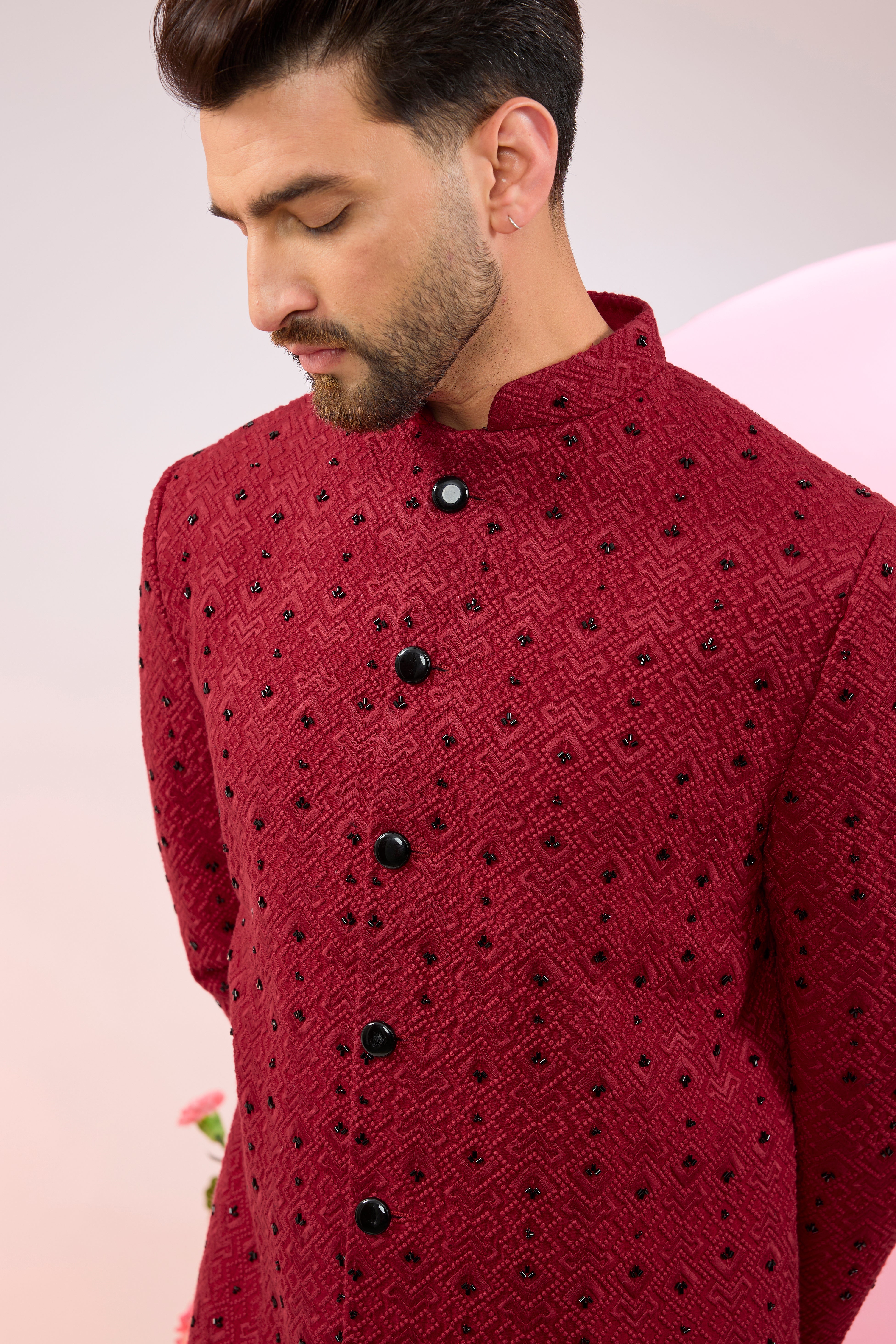 Elegant Red Geometric Embroidered Sherwani with Black Cutdana - Traditional Indian Wedding Attire for Grooms & Special Occasions