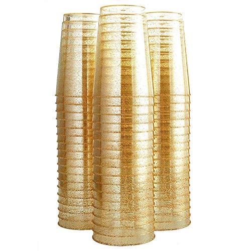 100 Gold Glitter Plastic Cups 12oz - Clear Disposable Tumblers for Weddings, Parties, Events - BPA Free & Recyclable - Elegant Drinkware for Celebrations, Bridal Showers, Baby Showers & More