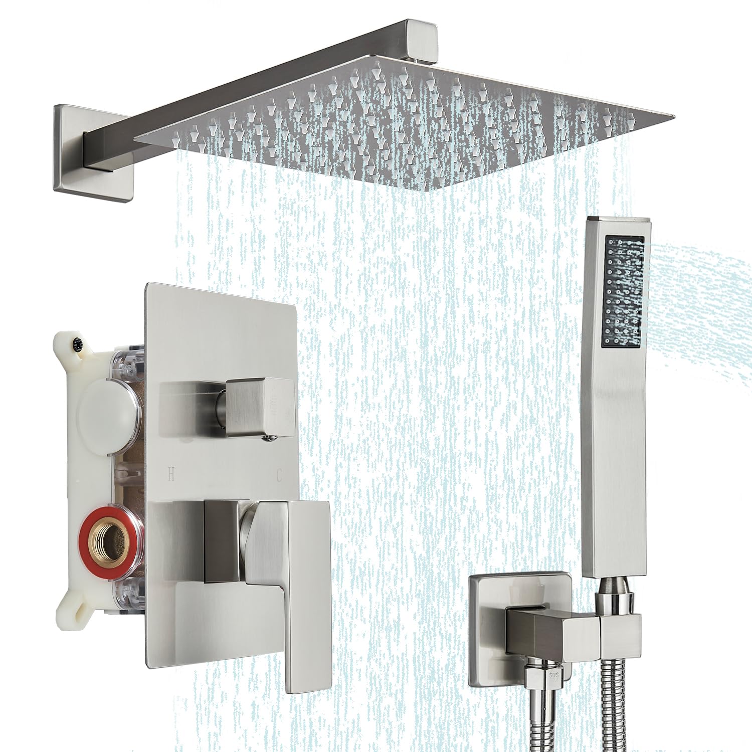 Votamuta 10 Inch Rainfall Shower System - Wall Mounted Shower Faucet Set with Full Brass Trim Kit & Shower Valve in Brushed Nickel - Perfect for Bathroom Renovation & Spa-Like Shower Experience