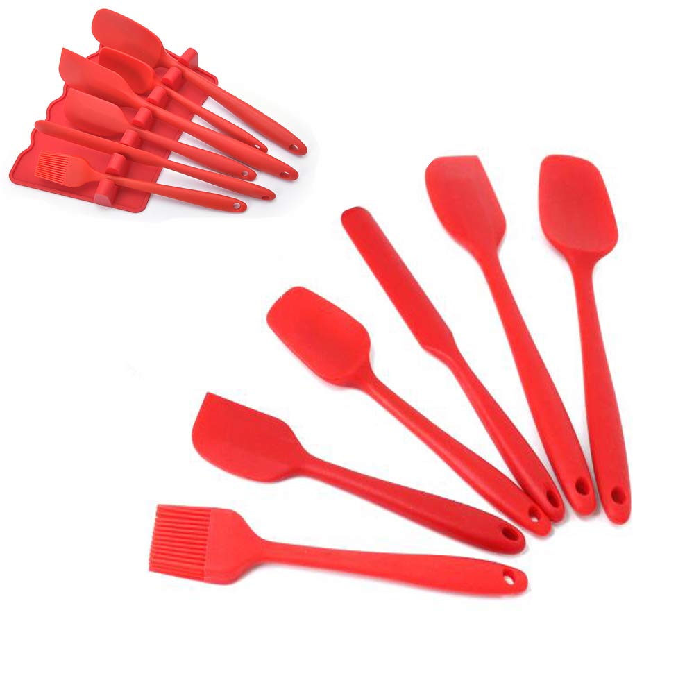 KSENDALO Heat Resistant Silicone Spatula Set for Cooking, Baking & Mixing - Non-Slip Rest Stand Included - Perfect for Cake Decorating, Cookie Dough & Kitchen Prep (Red)
