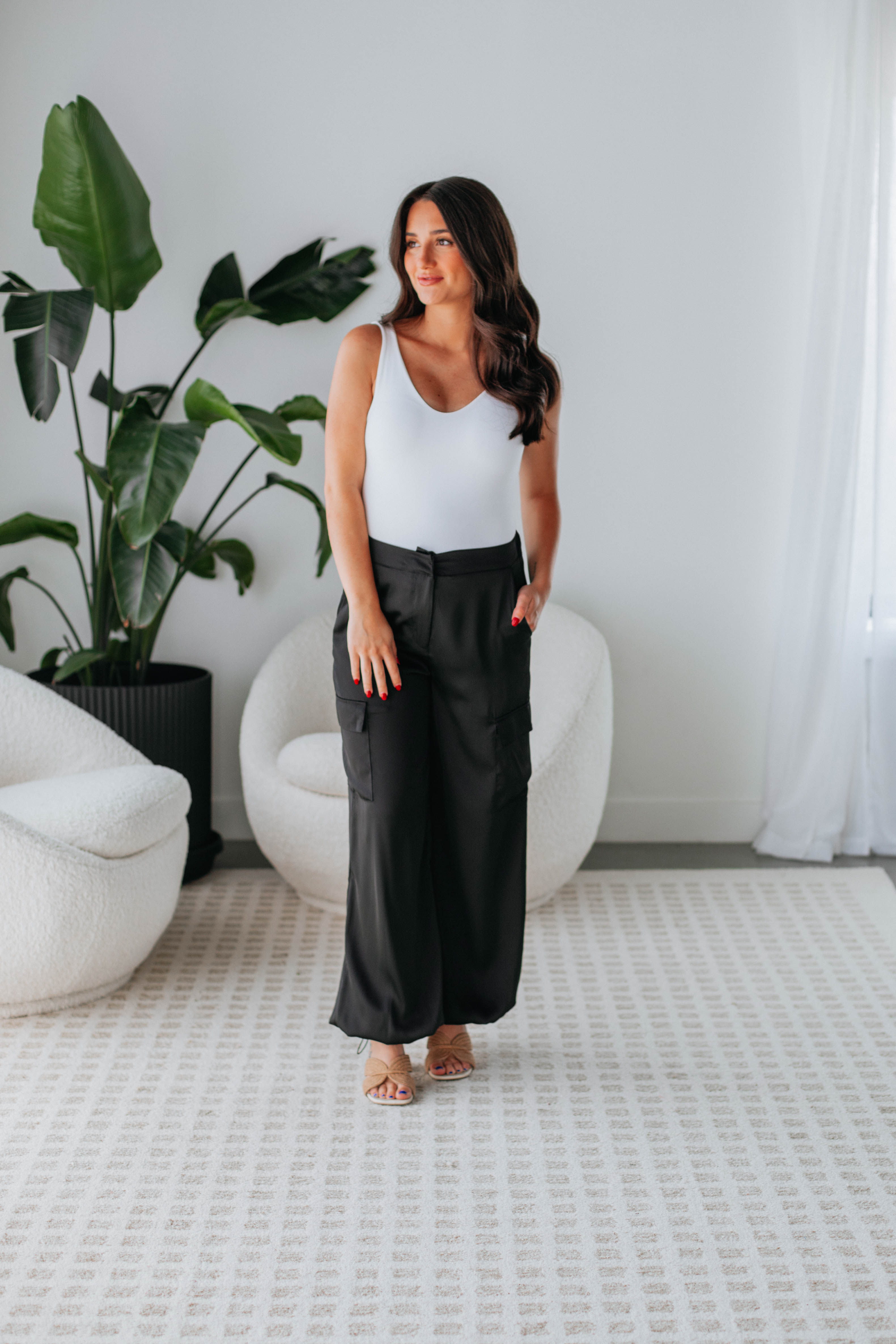 Adara Women's Satin Cargo Pants - High Waist Casual Joggers with Pockets | Black Lounge Pants for Yoga, Travel & Everyday Wear