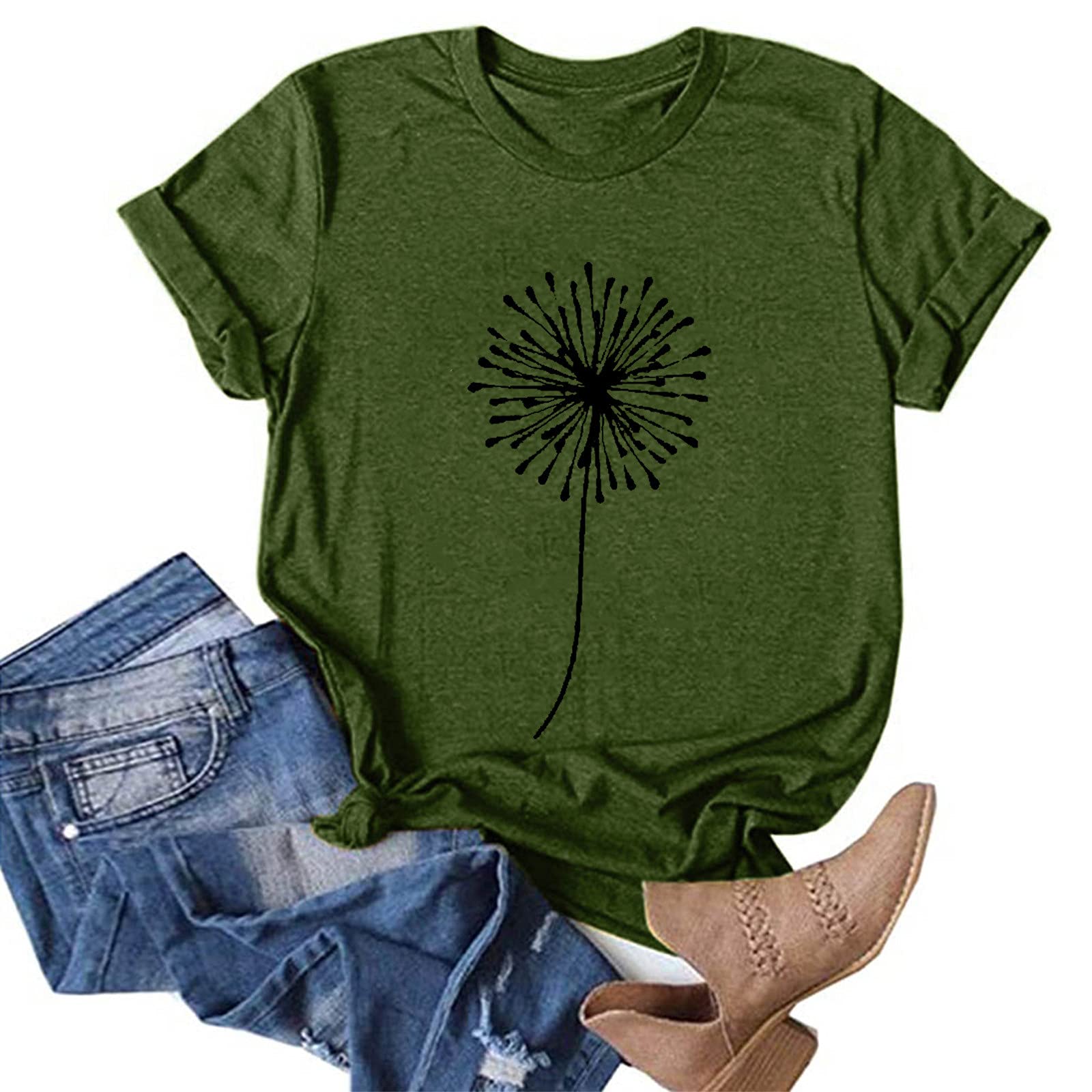 Women's Casual Dandelion Print Graphic Tee - Short Sleeve Crewneck T-Shirt for Summer | Trendy Streetwear & Everyday Comfort Wear for Outings, Travel & Relaxation