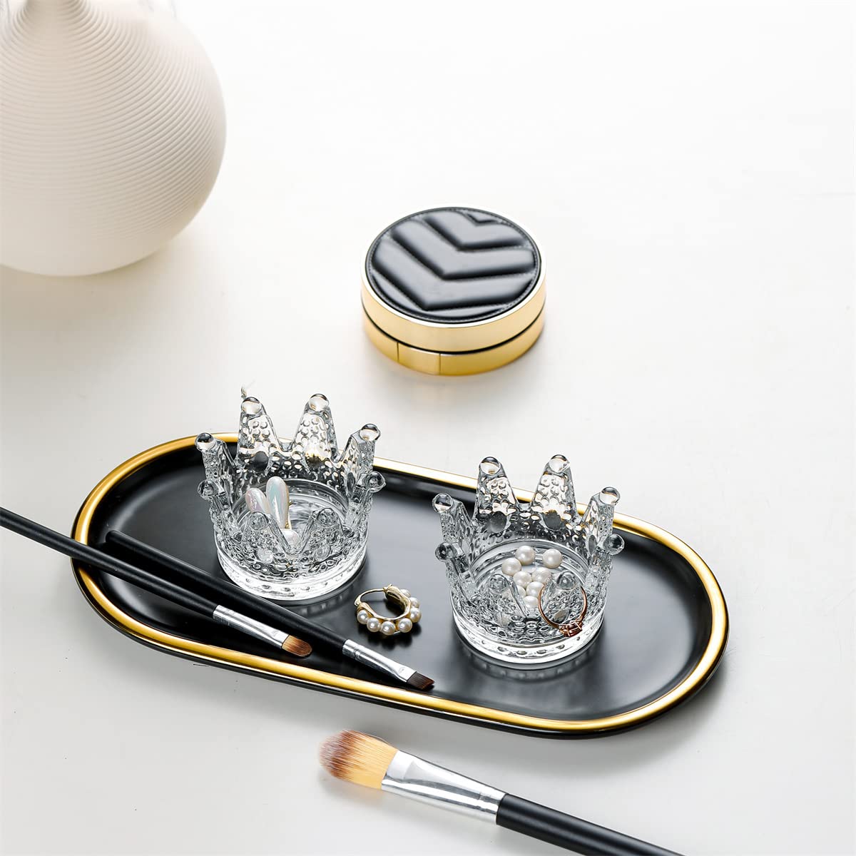 Elegant Crown-Shaped Crystal Glass Candle Holder Set of 2 - Perfect for Makeup Sponge Storage, Jewelry Display, Watch & Nail Art Organizer - Ideal for Wedding, Christmas Decor & Home Decoration