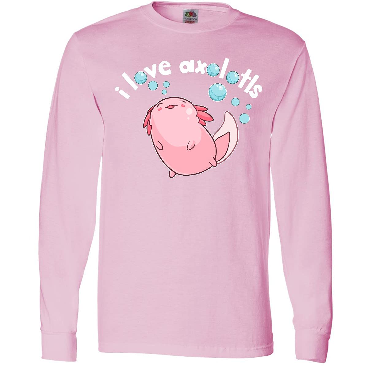 Inktastic I Love Axolotls with Bubbles Long Sleeve T-Shirt - Cute Axolotl Graphic Tee for Men & Women - Soft Cotton Casual Shirt for Animal Lovers, Perfect for Gifts, School, or Daily Wear
