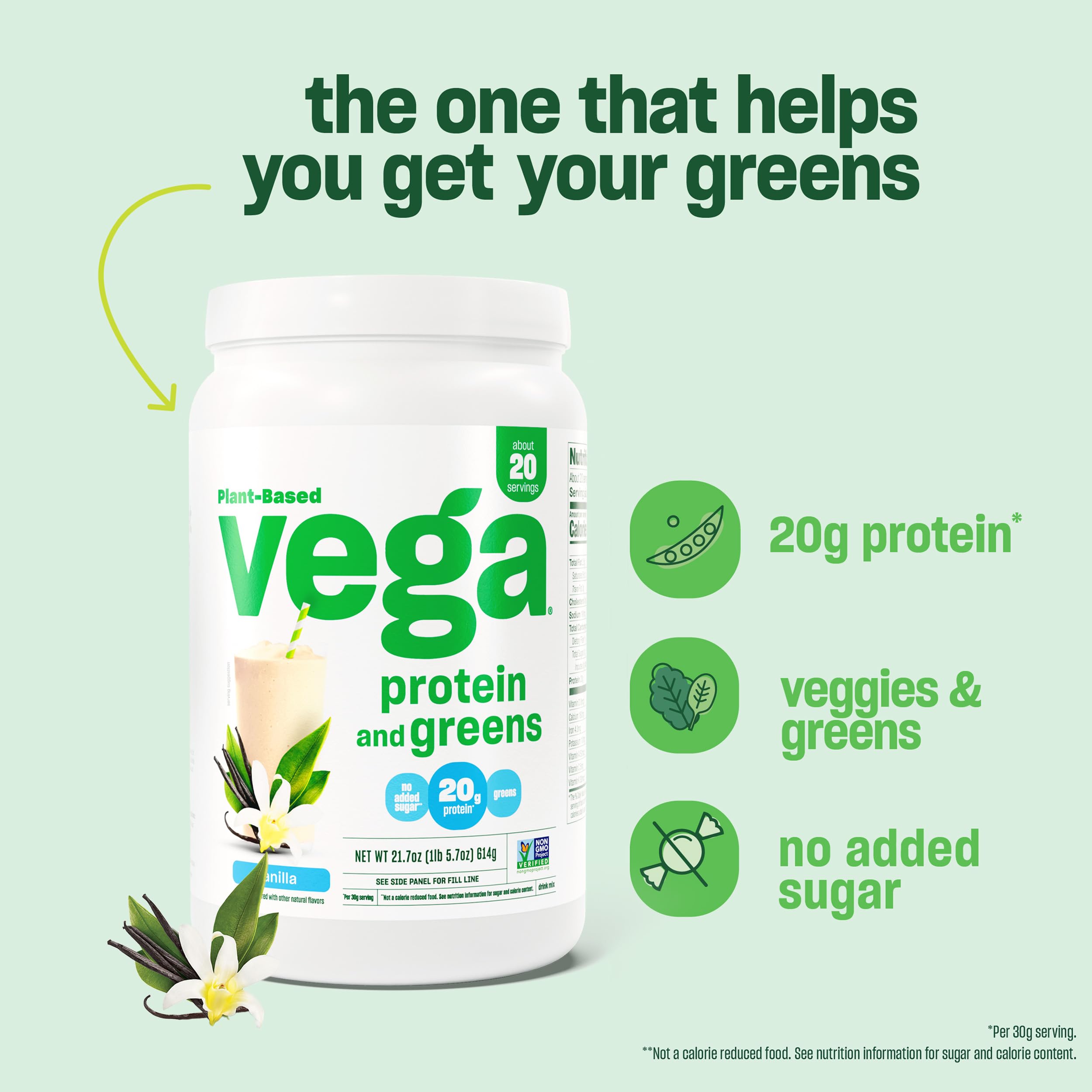 Vega Protein and Greens Powder - Vegan Plant-Based Protein with Pea Protein & Superfoods, Non-GMO, 20g Protein per Serving, Vanilla Flavor, 21.7oz (Packaging May Vary) - Perfect for Post-Workout Recovery, Smoothie Boosts & Healthy Meal Replacement