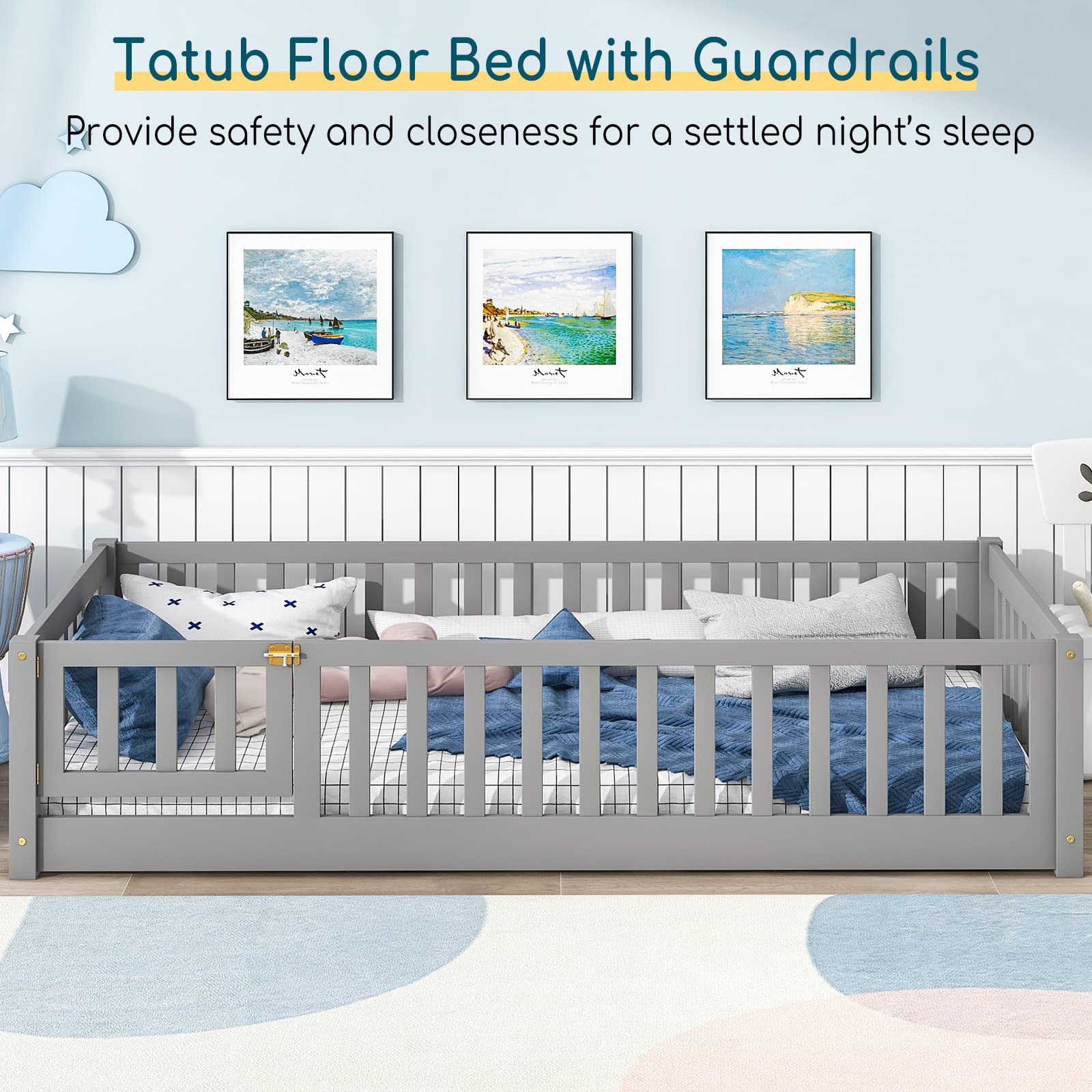 Twin Size Montessori Floor Bed with Safety Guardrails & Slats - Sturdy Wood Toddler Bed Frame for Girls & Boys in Grey - Perfect for Kids' Room, Playroom & Montessori Learning Spaces