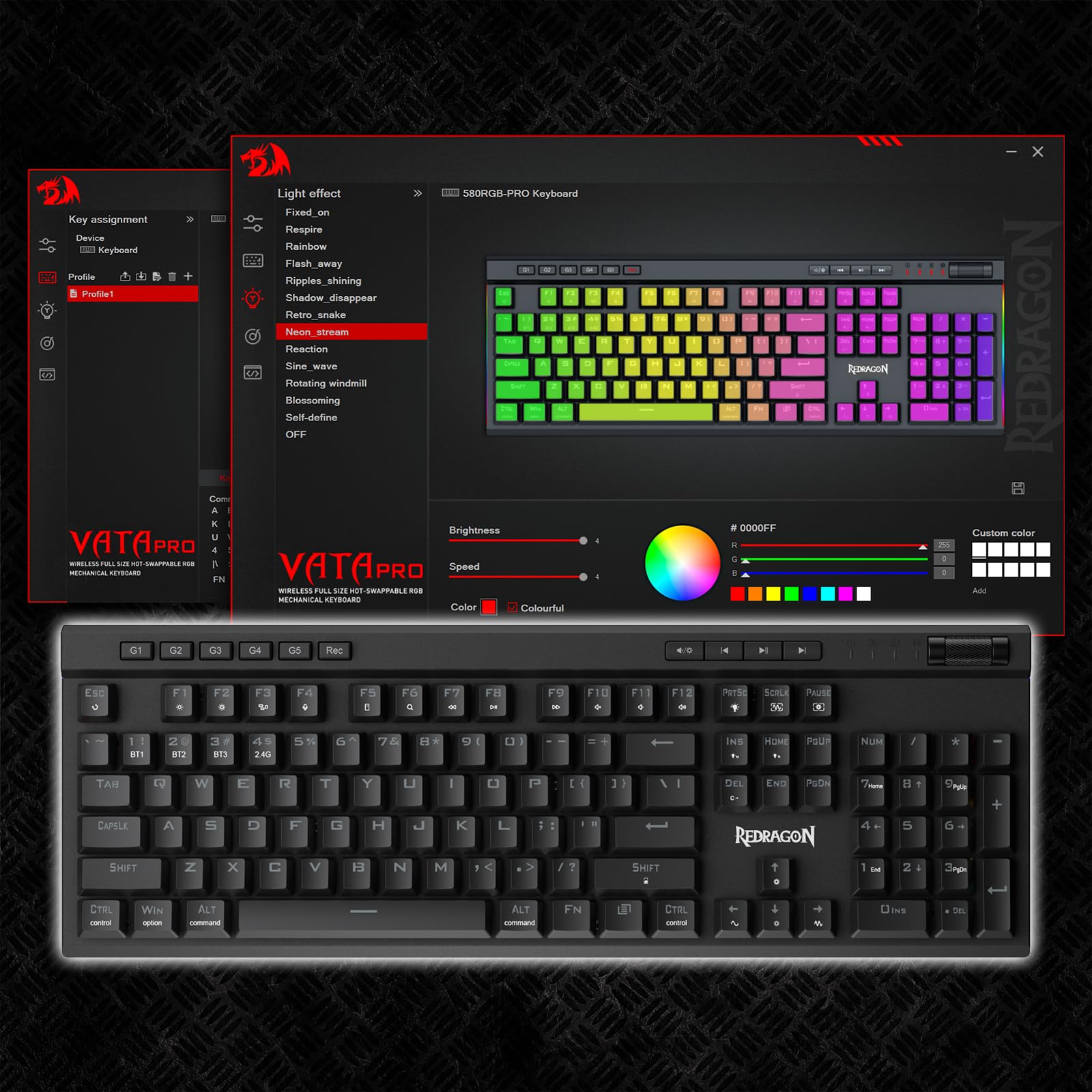 Redragon K580 PRO Wireless RGB Gaming Keyboard - 3-Mode 104-Key Hot-Swap Mechanical Keyboard with Linear Red Switches, Dedicated Media Controls & Onboard Macro Recording | Perfect for PC Gaming, Office Work & Streaming Setups