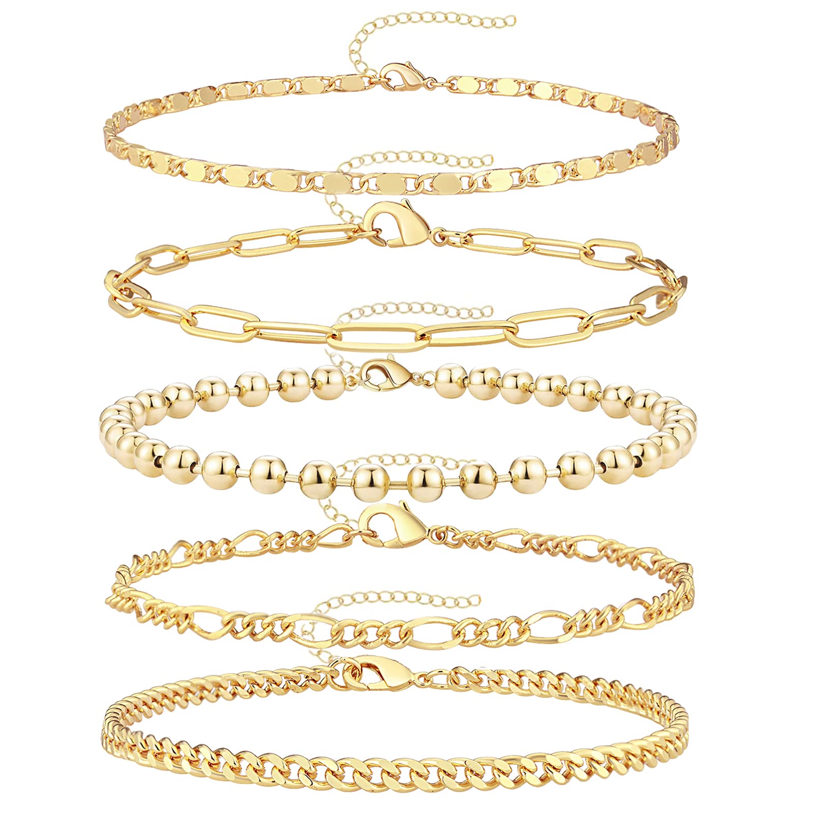 14K Gold Plated Women's Bracelet Set - Trendy Dainty Paperclip & Cuban Link Chain Cuff Bracelets, Adjustable 7