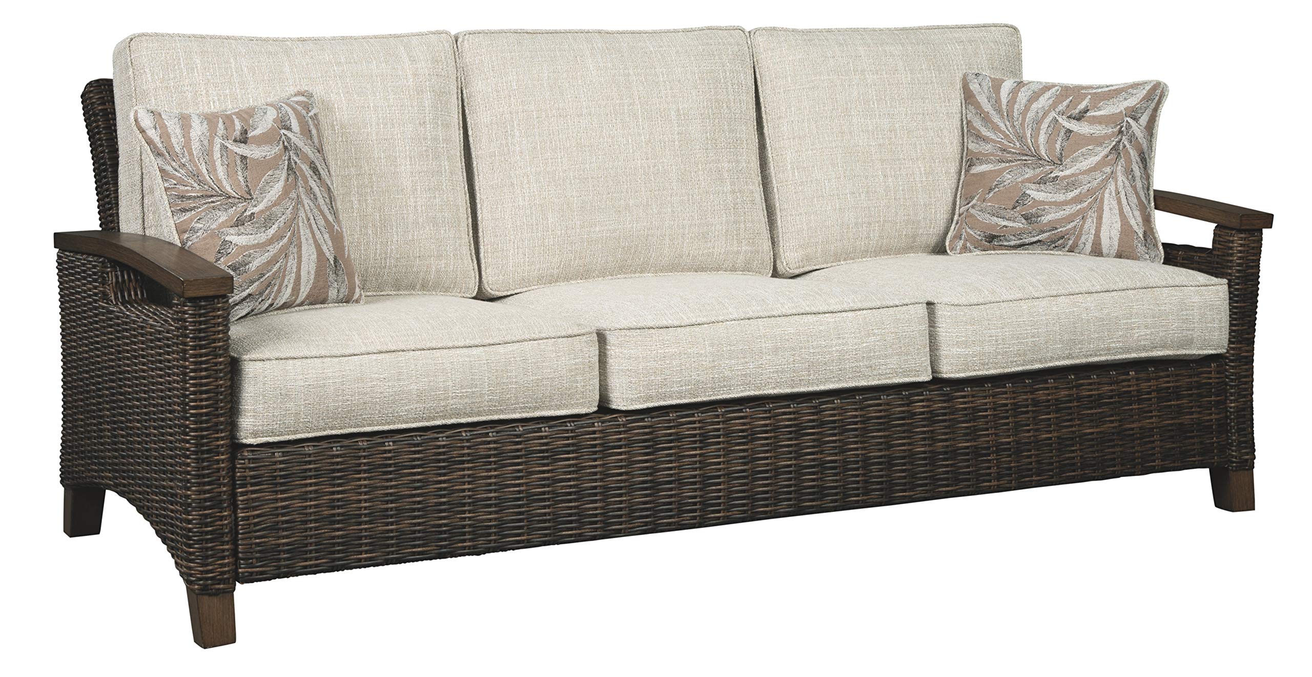 Signature Design by Ashley Paradise Trail Outdoor Patio Sofa Set with Weather-Resistant Cushion & 2 Decorative Pillows - Brown & Beige - Perfect for Backyard, Garden or Poolside Relaxation