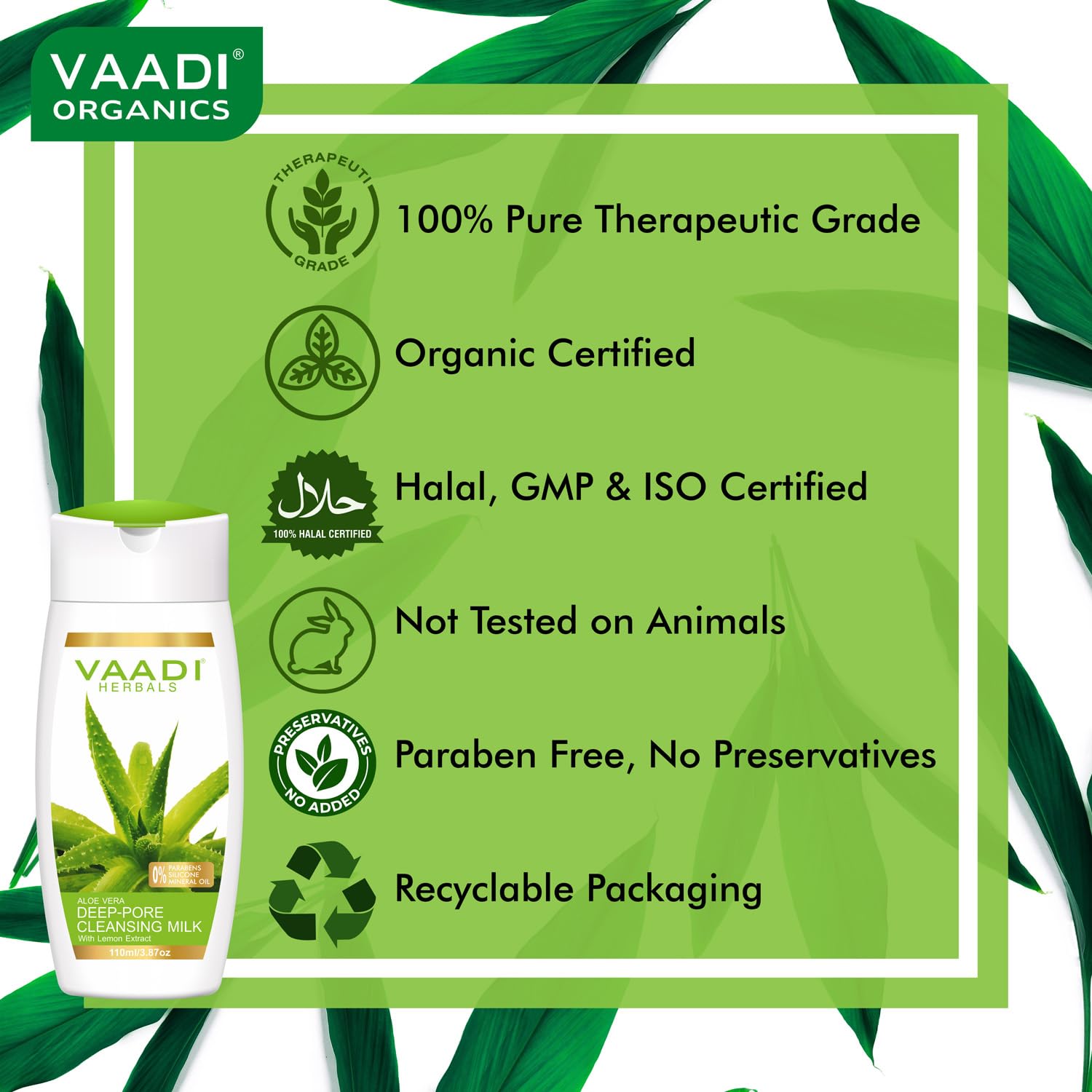 Vaadi Herbals Aloe Vera Deep Pore Cleansing Milk with Lemon Extract - 110ml | Gentle Face Wash for Oily & Acne-Prone Skin | Daily Skincare Routine & Makeup Removal