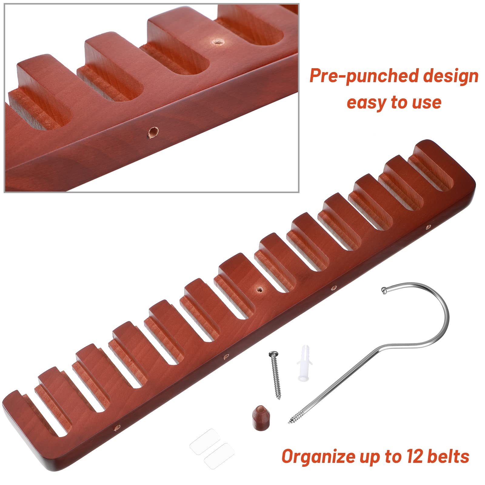 Jetec 2-Pack Wooden Belt Organizer Hanger - 12 Slot Wall Mount Belt Rack with Pre-Punched Holes & Acrylic Adhesives - Space Saving Closet Storage for Men & Women (Brown) - Perfect for Bedroom, Walk-in Closet or Dorm Organization