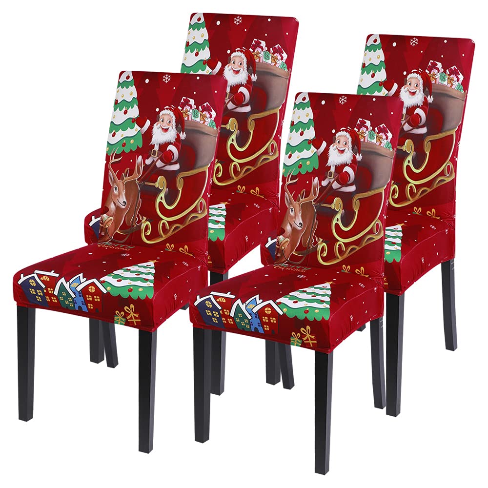 Stretchable Christmas Dining Chair Covers Set of 4 - Washable Spandex Xmas Parsons Chair Slipcovers with Santa & Deer Print for Holiday Decorations, Kitchen & Party Use - Perfect for Christmas Dinner, Family Gatherings & Festive Home Decor