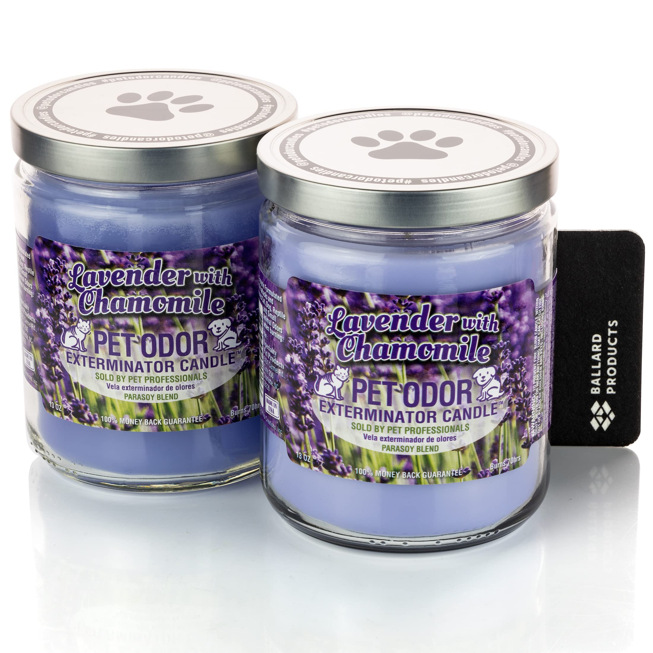 Lavender Chamomile Scented Pet Odor Eliminating Candle - 2 Pack Natural Wax Candles for Home & Pet Areas - Bundle with Ballard Products Air Freshener for Fresh Home & Pet-Friendly Spaces