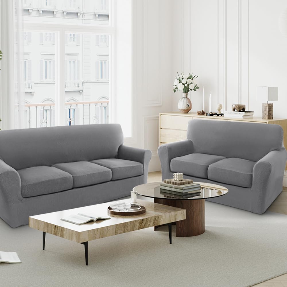 H.VERSAILTEX 4-Piece Stretch Sofa Cover Set - Jacquard Fabric Couch Covers for 3-Cushion Sofa & 2-Cushion Loveseat, Thickened Home Decor (Dove Color) - Perfect for Living Room Furniture Protection and Style Upgrade