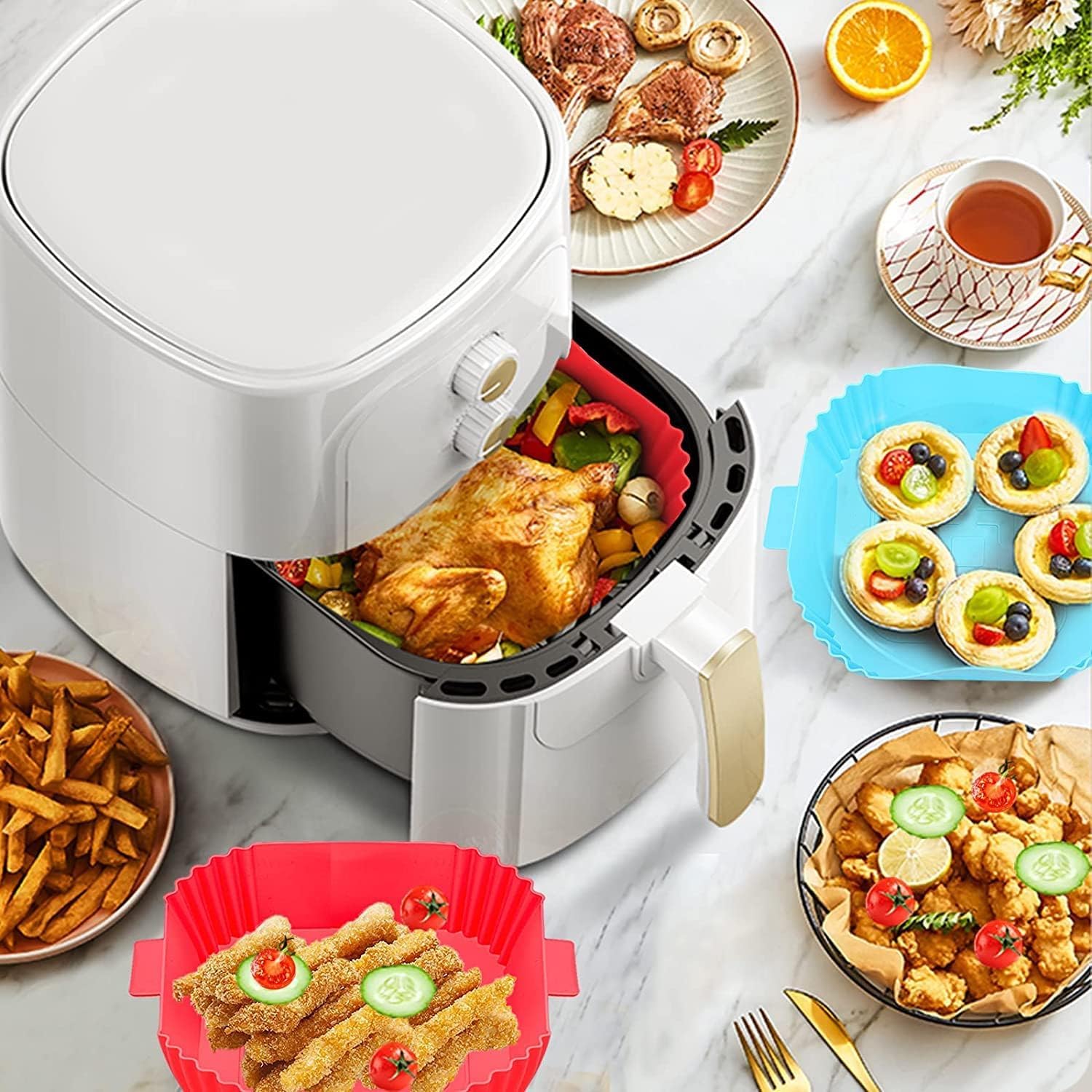 DRURI Reusable Non-Stick Silicone Air Fryer Liners with Handles - Square Food Grade Silicone Basket for Air Fryer Oven - Perfect for Cooking French Fries, Chicken Wings & Vegetables