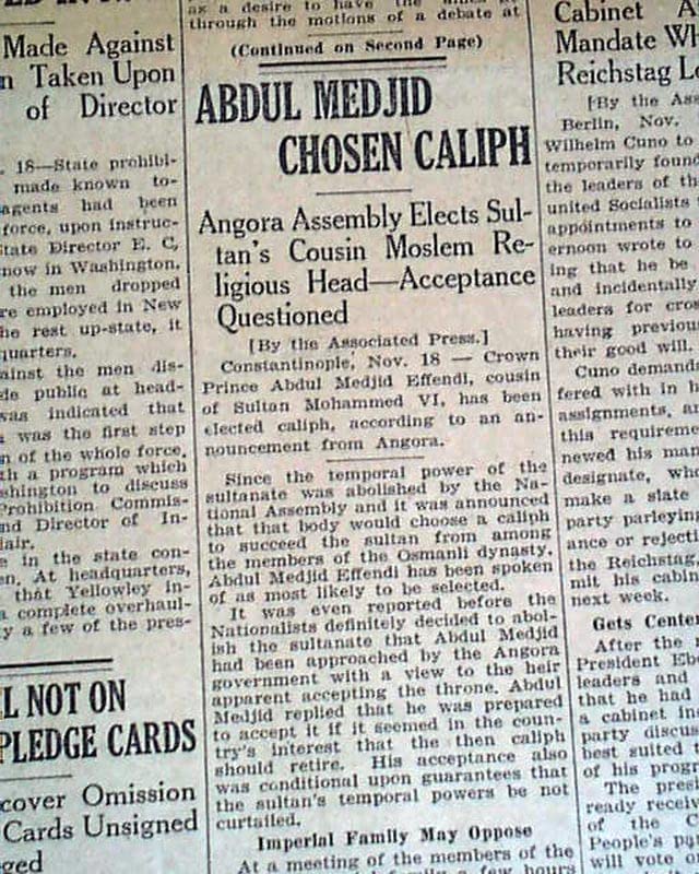 Original 1922 SPRINGFIELD REPUBLICAN Newspaper - MEHMED VI & Abolition of Ottoman Empire Sultanate | Historic Collectible for History Buffs & Antique Newspaper Collectors - Perfect for Framing & Display in Home Libraries or Museums