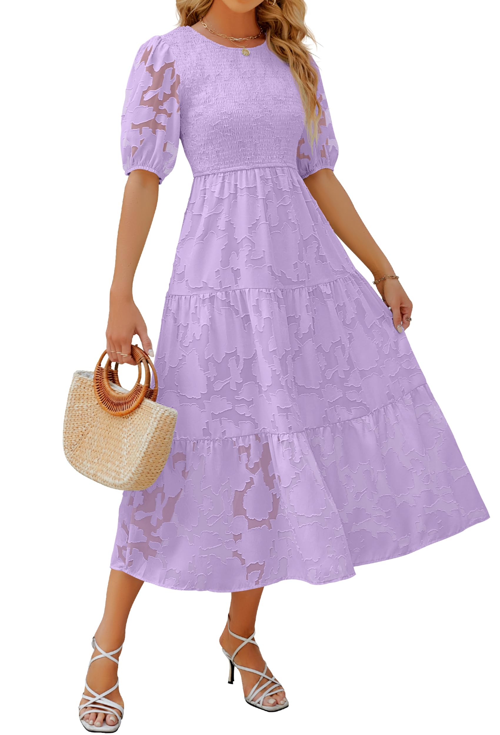 ZESICA Women's Summer Floral Lace Maxi Dress with Puff Sleeves & Smocked Waist - Elegant A-Line Tiered Flowy Dress for Beach, Wedding, Party & Vacation