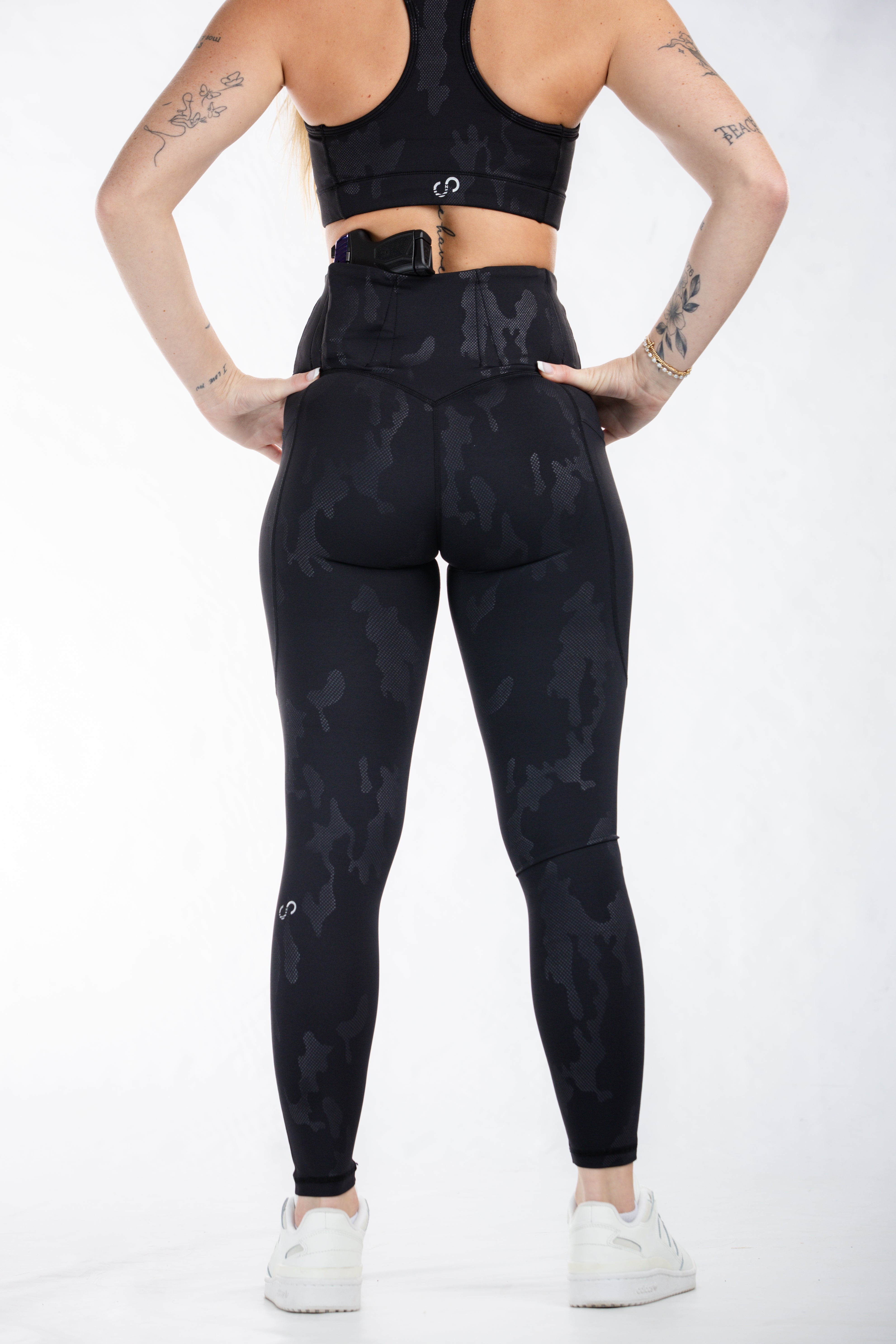 Concealed Carry Leggings with Hidden Pockets - Black Camo Print | Women's Tactical Yoga Pants for Self Defense & Outdoor Activities
