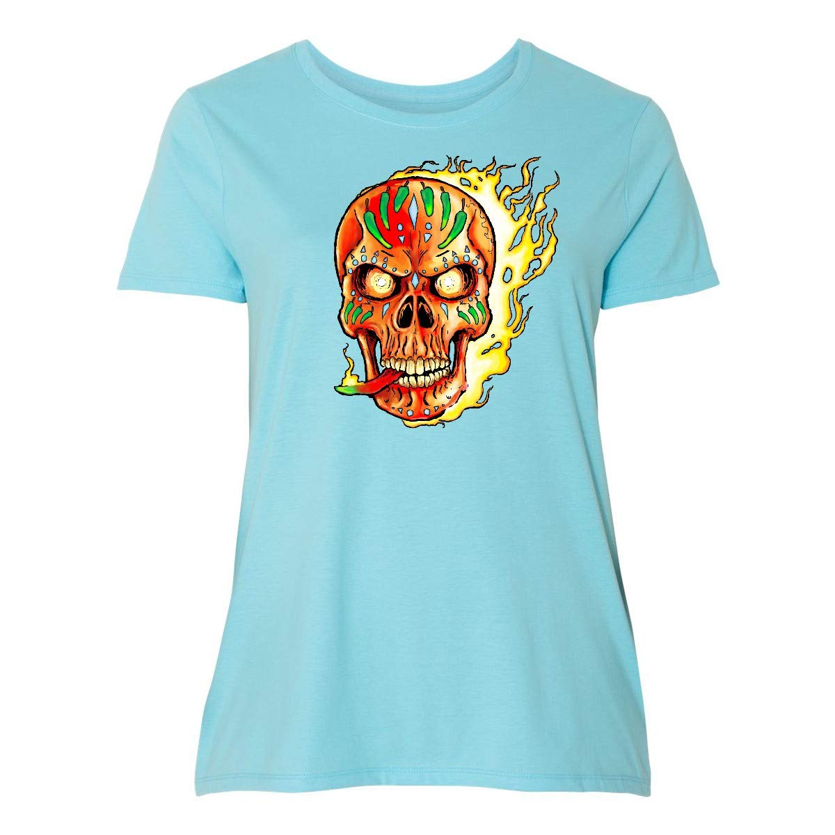 Inktastic Hot Sauce Hot Pepper Skull ON FIRE Women's Plus Size T-Shirt - Spicy Food Lover Graphic Tee for Casual Wear, Concerts & Halloween Costumes