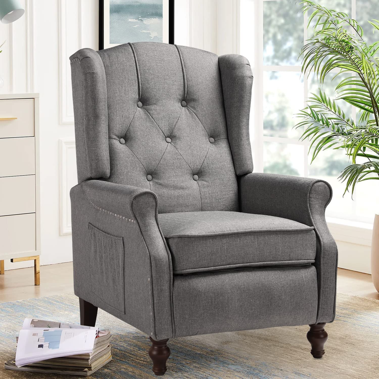 Premium Wingback Recliner Chair Set of 2 with Massage & Heat Function - Gray Fabric Push Back Accent Chairs with Diamond Tufted Design - Perfect for Living Room, Bedroom & Home Theater Relaxation