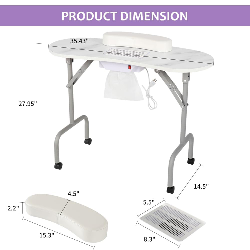 Professional Foldable Nail Tech Table with Charging Station & Dust Collector - Portable Manicure Desk for Salon & Home Use, White Marbled Design with Wrist Pad & 4 Lockable Wheels | Perfect for Nail Technicians, Spa Treatments & Mobile Beauty Services
