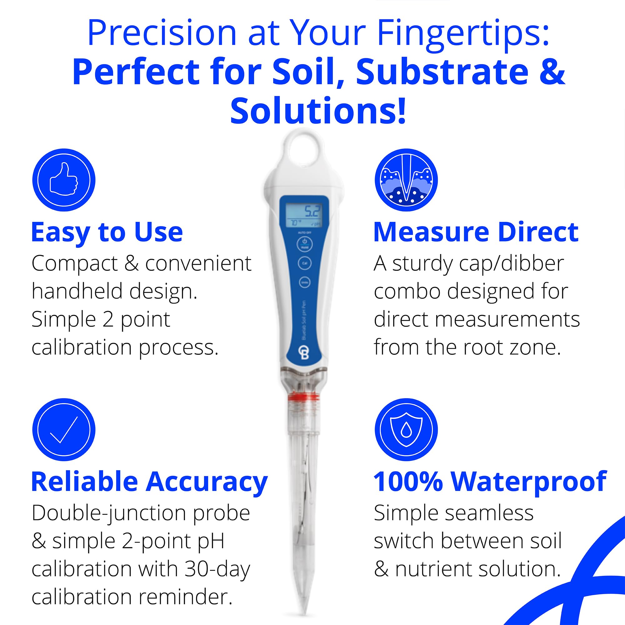 Bluelab Soil pH Pen and Probe Care Kit - Digital pH Meter with Calibration Solution, Storage Case & Cleaning Brush - Accurate Soil pH & Temperature Tester for Gardening, Hydroponics & Indoor Plants