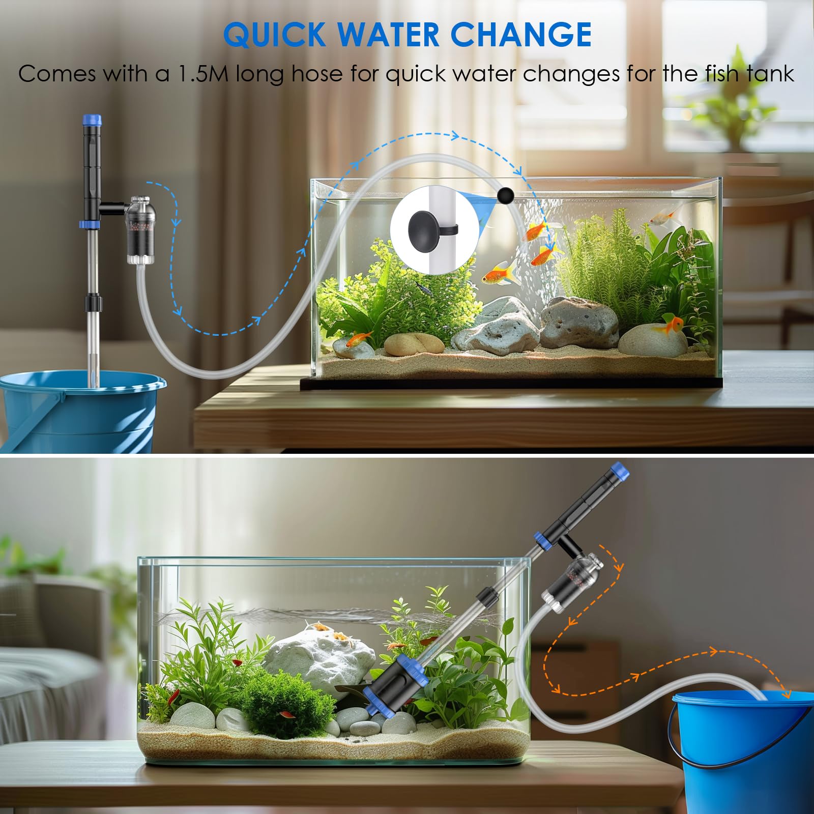 4-in-1 Aquarium Siphon Vacuum Cleaner - Manual Fish Tank Gravel Cleaner for Water Changes, Sand Cleaning & Waste Removal | Perfect for Freshwater & Saltwater Tanks, Home Aquarium Maintenance