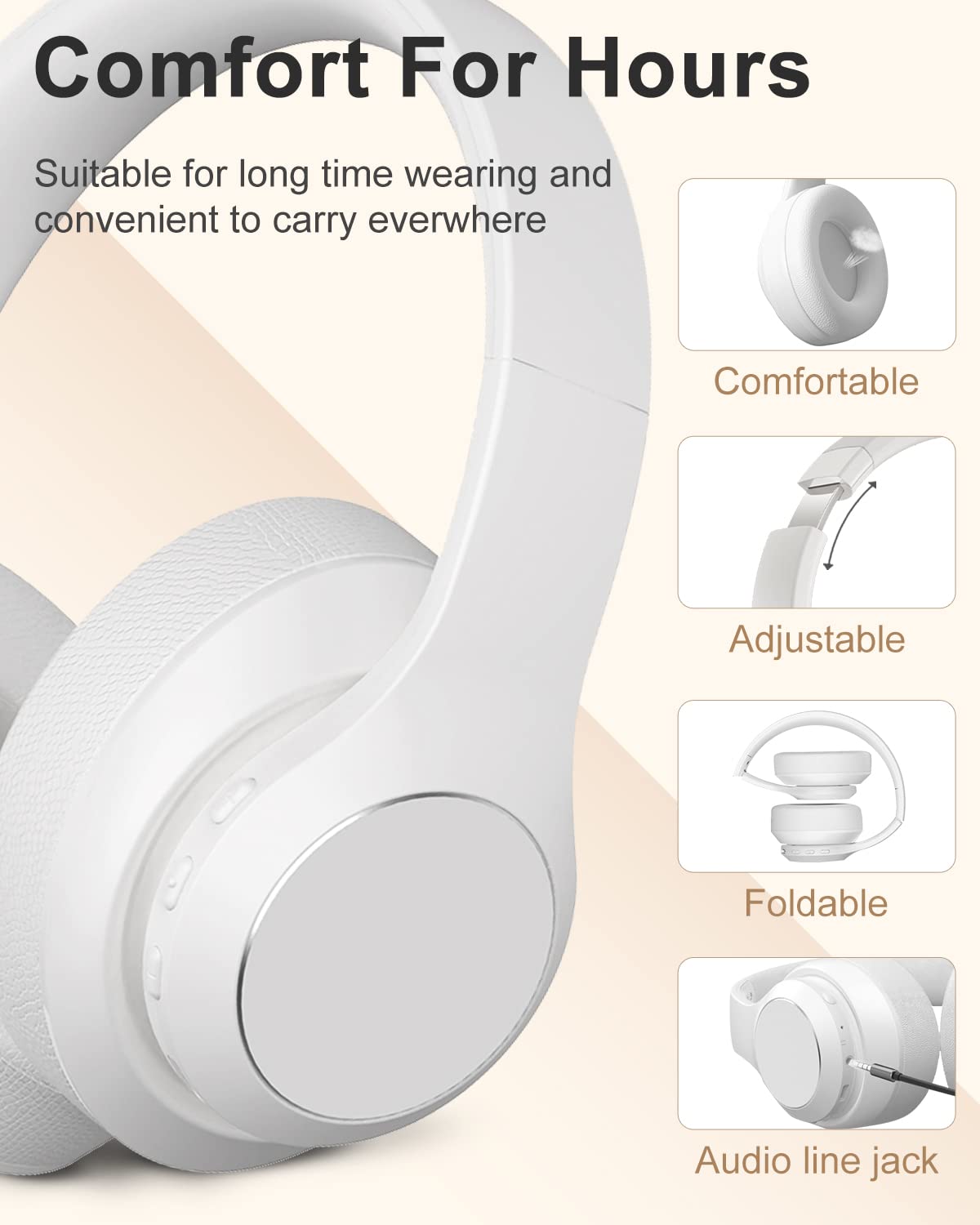 Wireless Bluetooth Over-Ear Headphones with Microphone - 40H Playtime, HiFi Stereo Sound, Foldable & Lightweight for Travel, Work, Gaming & Commuting (White)