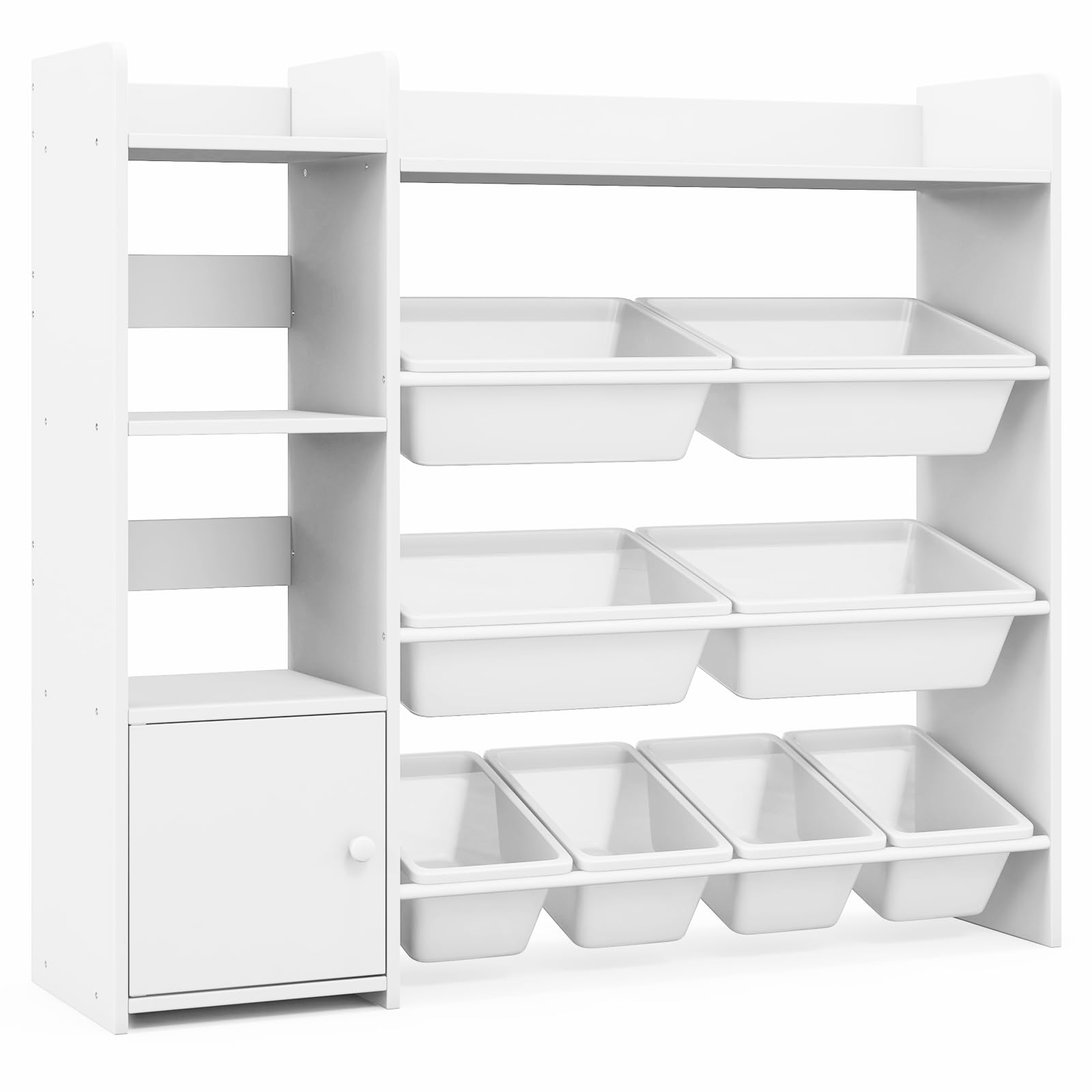 Costzon 4-Tier Kids Bookshelf & Toy Storage Organizer with 8 Bins & Cabinet Door - White | Space-Saving Toy Rack for Playroom, Nursery, Daycare & Kids Bedroom Organization