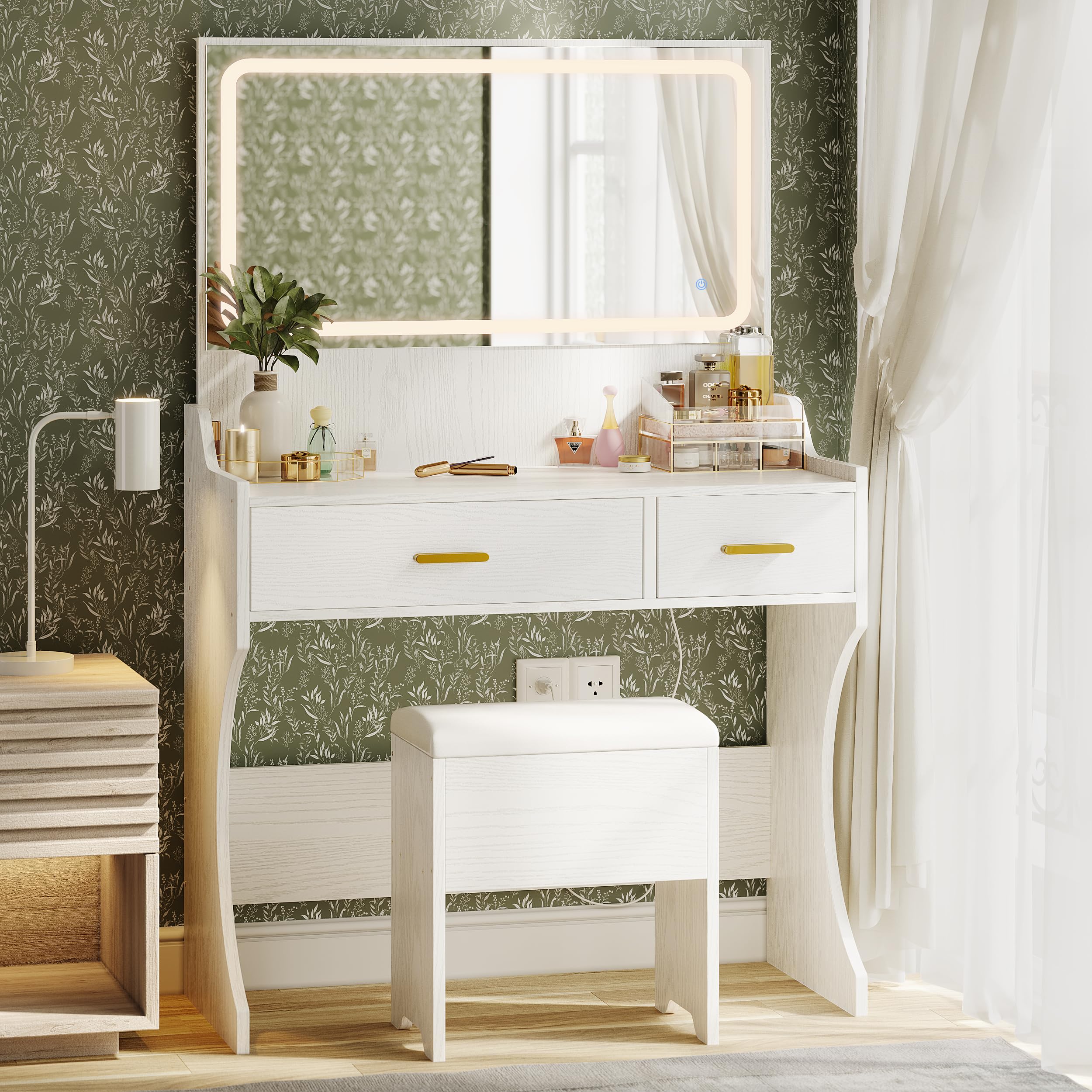 Vanity Desk with Mirror, LED Lights & Power Outlet - Makeup Dressing Table Set with Storage Chair, 2 Drawers & 3-Color Adjustable Lighting for Women & Girls | Perfect for Bedroom, Dorm Room or Beauty Salon (White)