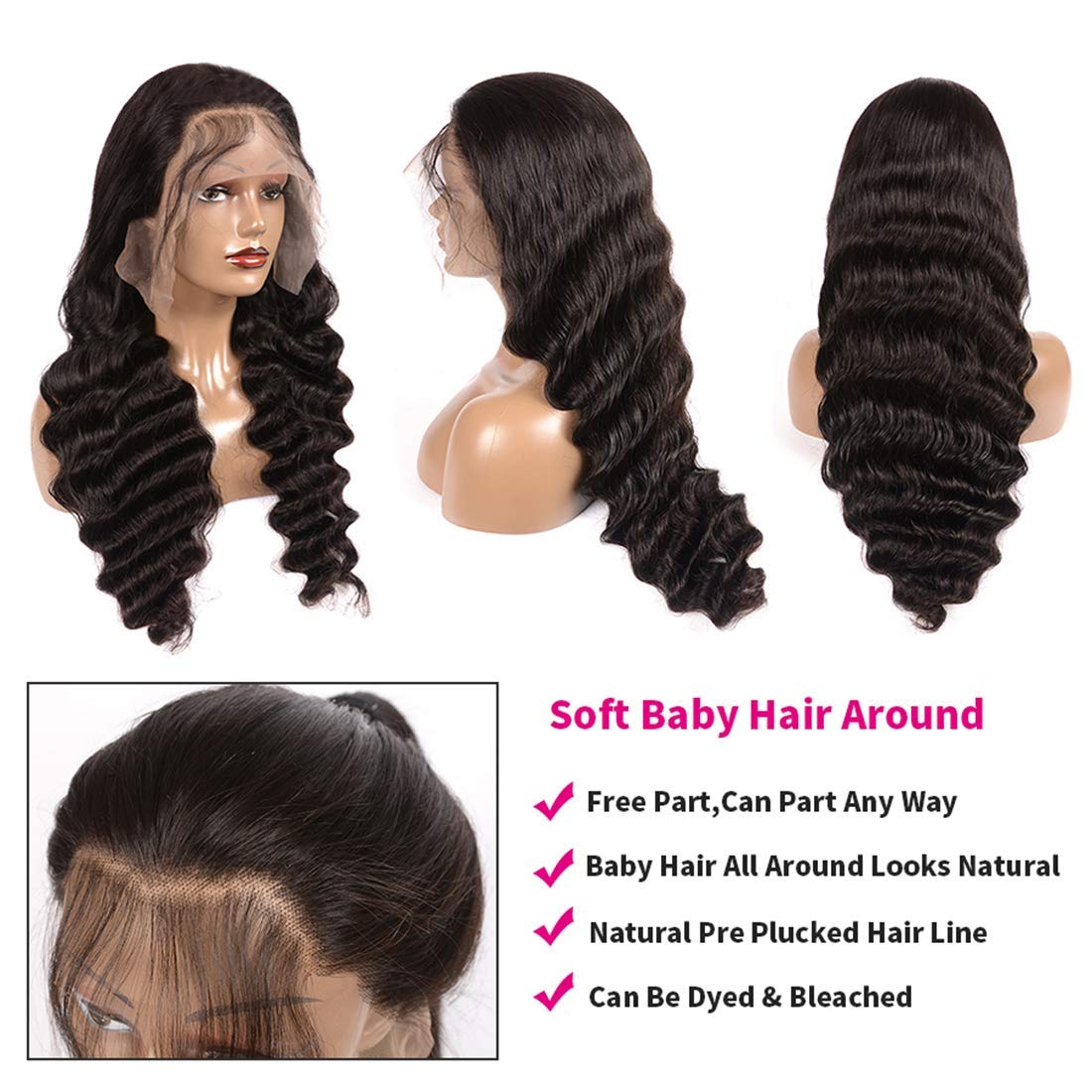 30 Inch 13x4 HD Lace Front Wig Human Hair - Deep Wave Loose Wig with Transparent Lace & Baby Hair - 150% Density Glueless Lace Frontal Wig for Daily Wear, Parties & Special Occasions
