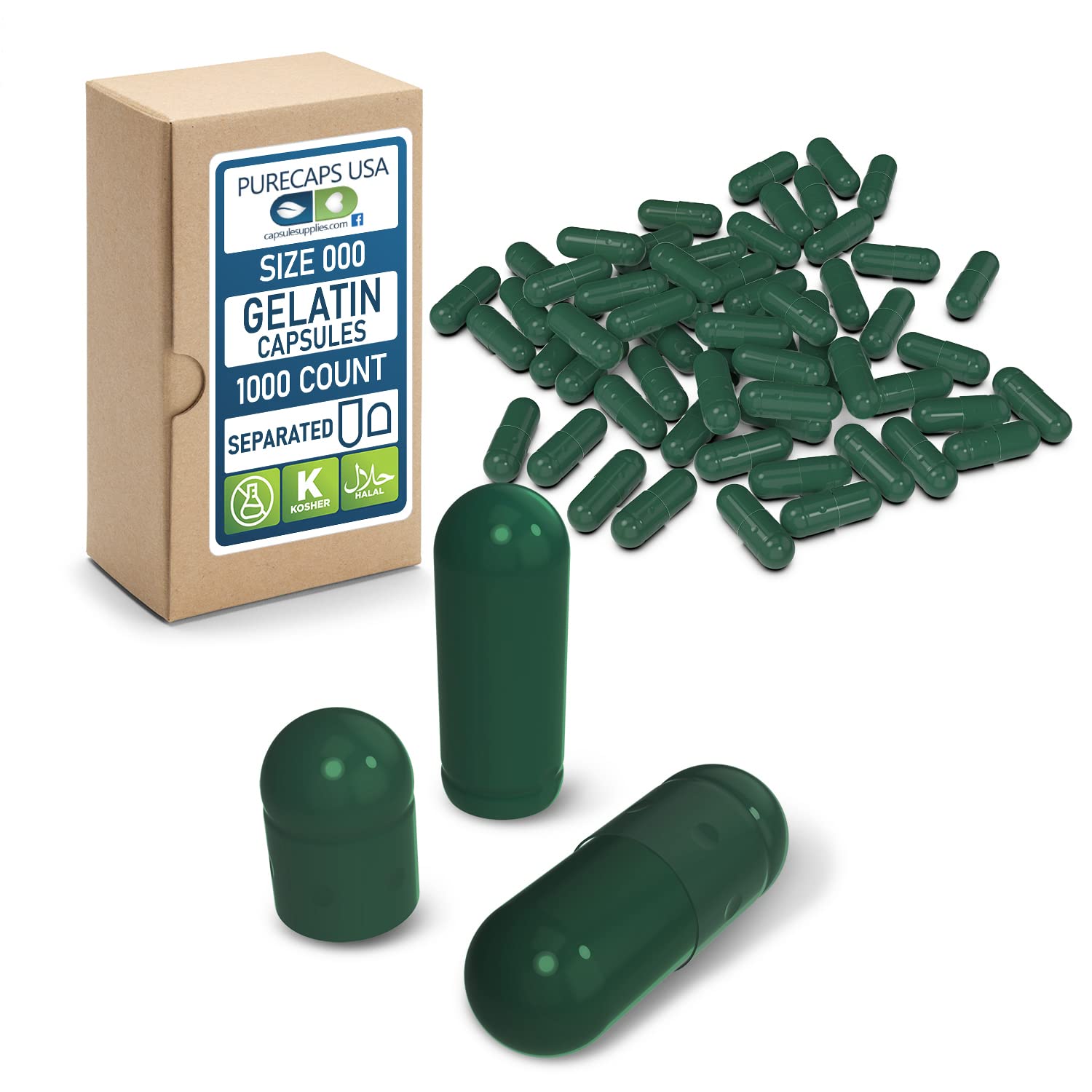 PurecapsUSA - 1,000 Empty Size 000 Gelatin Pill Capsules | Non-GMO Certified, SLS/Gluten/Preservative Free | Green Separated Capsules for DIY Supplements & Vitamins