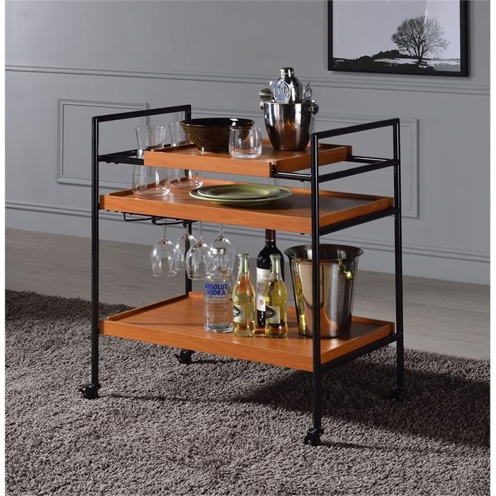 Acme Oaken Serving Cart with 3 Adjustable Wooden Shelves - Honey Oak & Black Finish | Perfect for Kitchen, Dining Room, or Outdoor Entertaining
