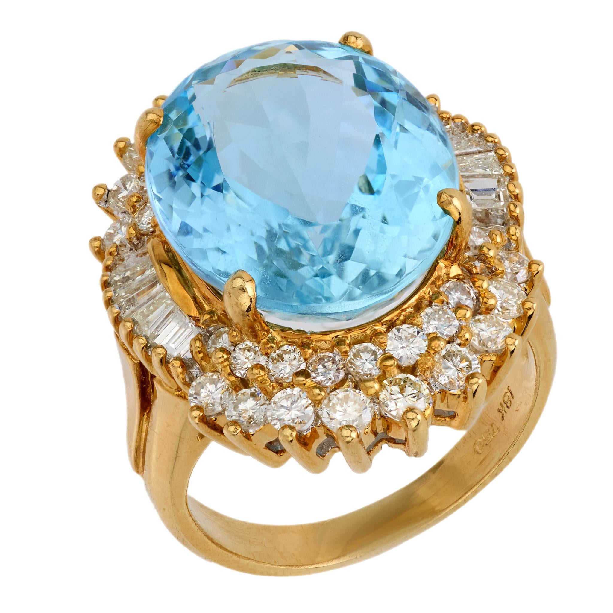 Vintage 9.15 Carat Aquamarine Diamond 18K Yellow Gold Cocktail Ring - Elegant Statement Jewelry for Weddings, Parties & Special Occasions