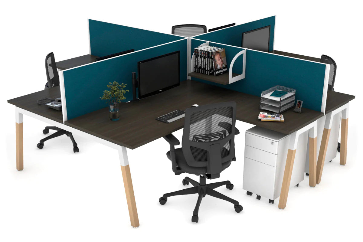 Quadro Wood A Legs Cross Beam 4-Person Corner Workstation Desk - 1600L x 1800W with Cable Management Scallop - Perfect for Office, Home Workspace & Collaborative Environments