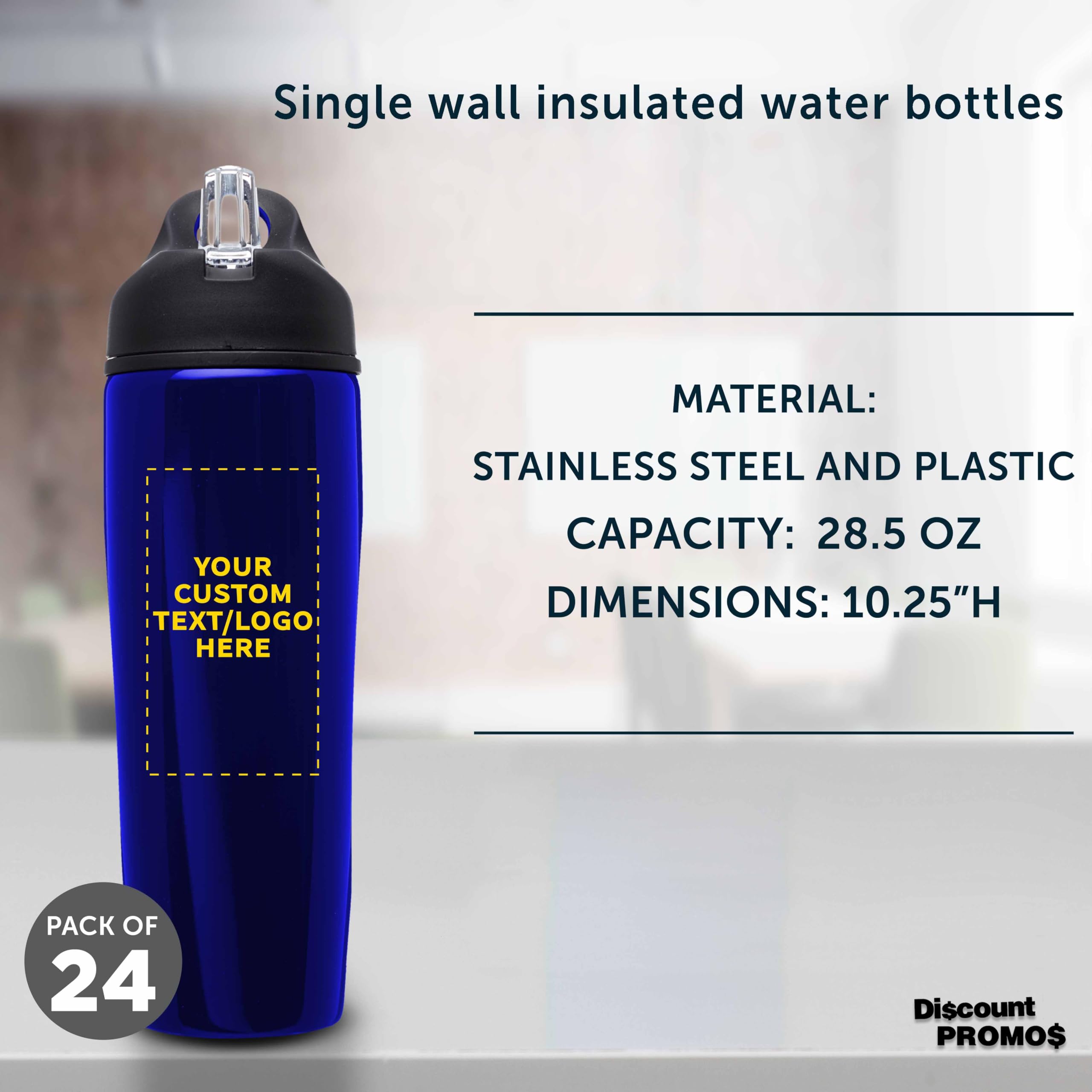 Custom Stainless Steel Water Bottles 24 Pack - Personalized Text & Logo - 28.5oz Metal Sports Bottles with Flip Top Lid - Leakproof & Easy Carry - Bulk Blue Water Bottles for Gym, Office, School & Outdoor Activities