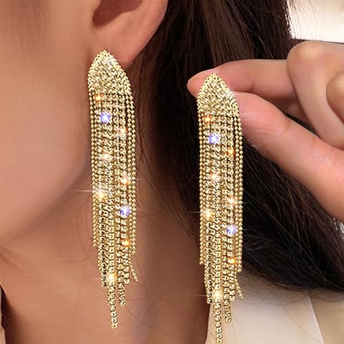 C2：gold long rhinestone tassel earrings