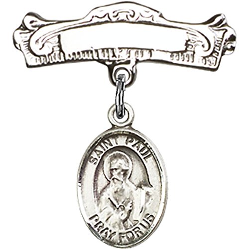 Sterling Silver Baby Badge with St. Paul the Apostle Charm - Religious Jewelry Gift for Baptism, Christening & First Communion - 7/8