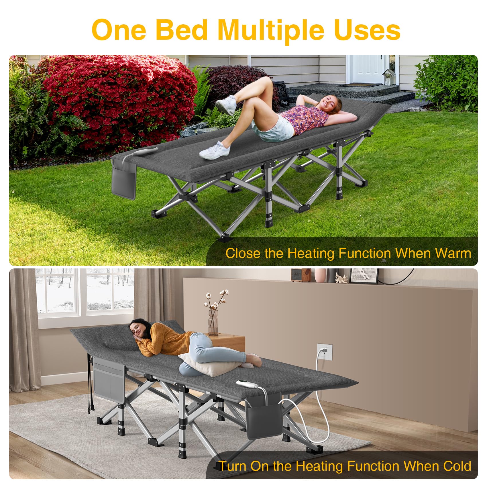 Suteck Heated Folding Camping Cot for Adults - Portable Outdoor Sleeping Bed with Built-in Soft Cotton Pad & Carry Bag - Supports 500 lbs - Perfect for Camping, Home Office Naps, Beach Travel & Emergency Use