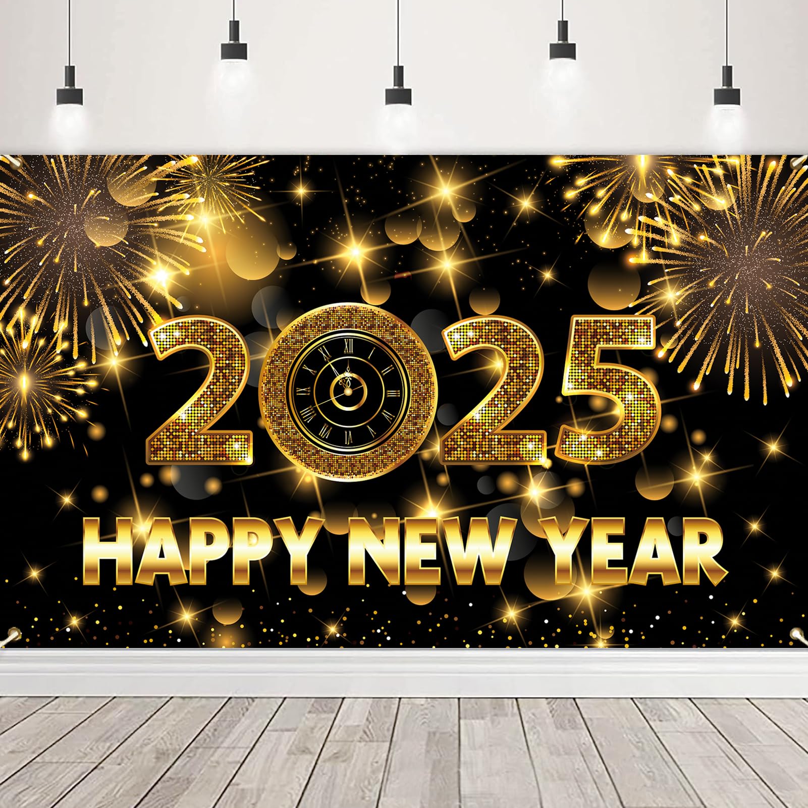 72 x 44 Inch Large Happy New Year Banner 2025 - Black Gold Background New Year Backdrop for Party Decorations, Photo Booths & Wall Decor | 2025 New Years Eve Celebration Supplies