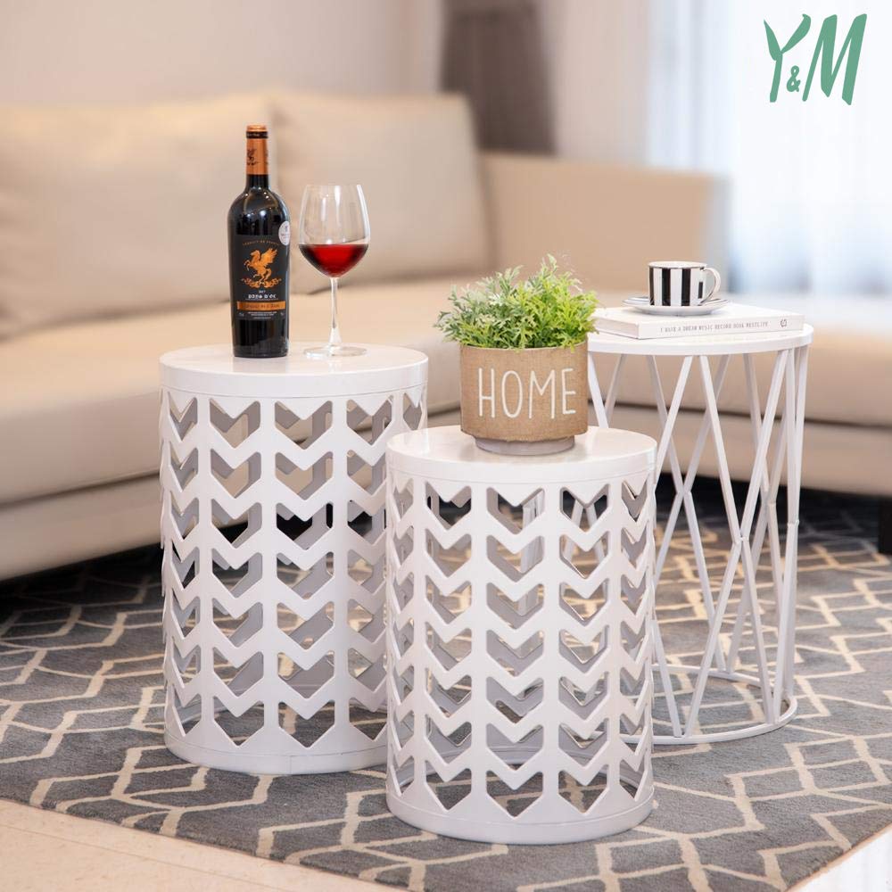 Y&M Nesting Side Table Set of 3 - Stackable Modern Industrial Coffee Tables for Living Room, Bedroom & Patio - Heavy Duty Metal Frame Indoor/Outdoor End Tables - Pure White (US Shipping) | Perfect for Small Spaces, Coffee Corner & Garden Decor