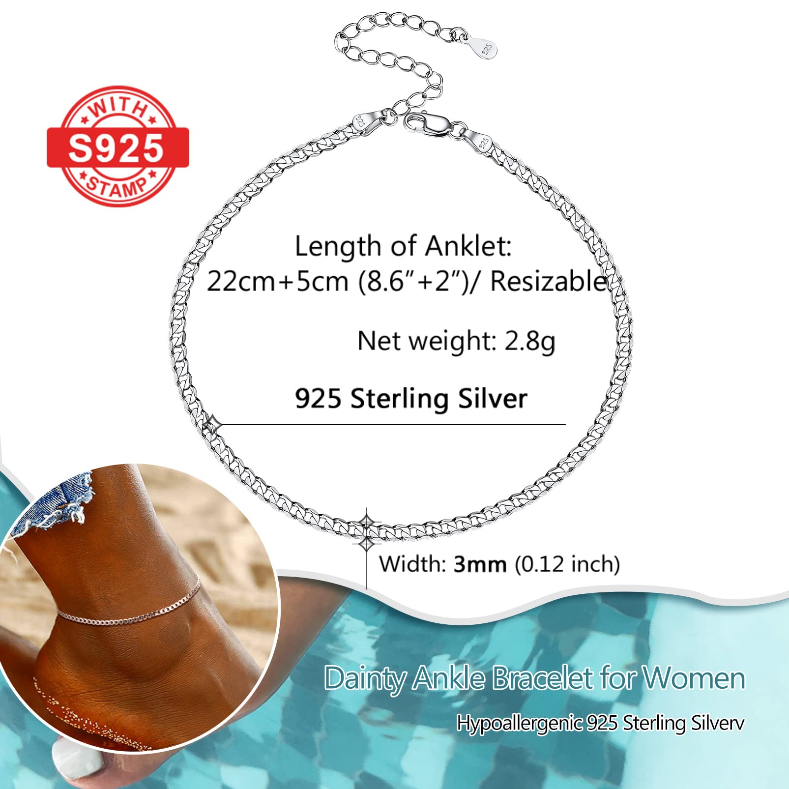 PROSILVER 925 Sterling Silver Ankle Bracelets for Women - Adjustable 8.6-10.6 Inch Stylish Chain Anklet - Perfect for Summer, Beach, Vacation & Everyday Wear - Gift Ready with Elegant Box