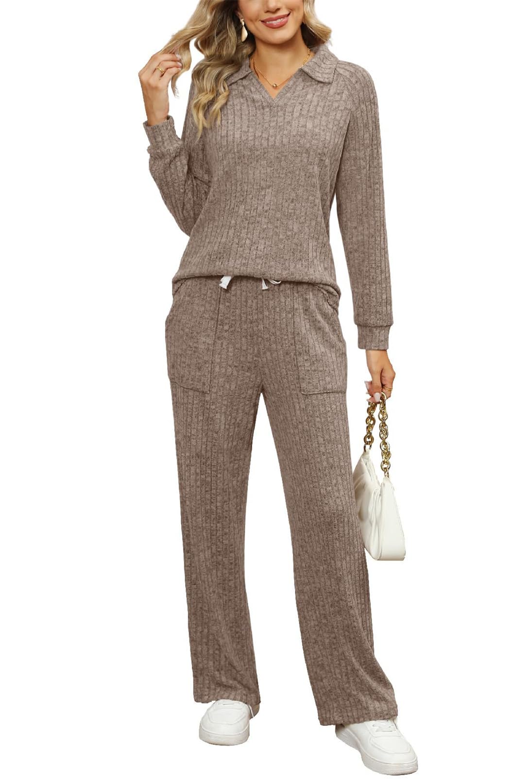 SotRong Women's 2-Piece Ribbed Lounge Wear Set - Soft Tracksuit Pajama Set for Sleepwear, Loungewear & Homewear | Perfect for Relaxing at Home, Lounging & Sleeping