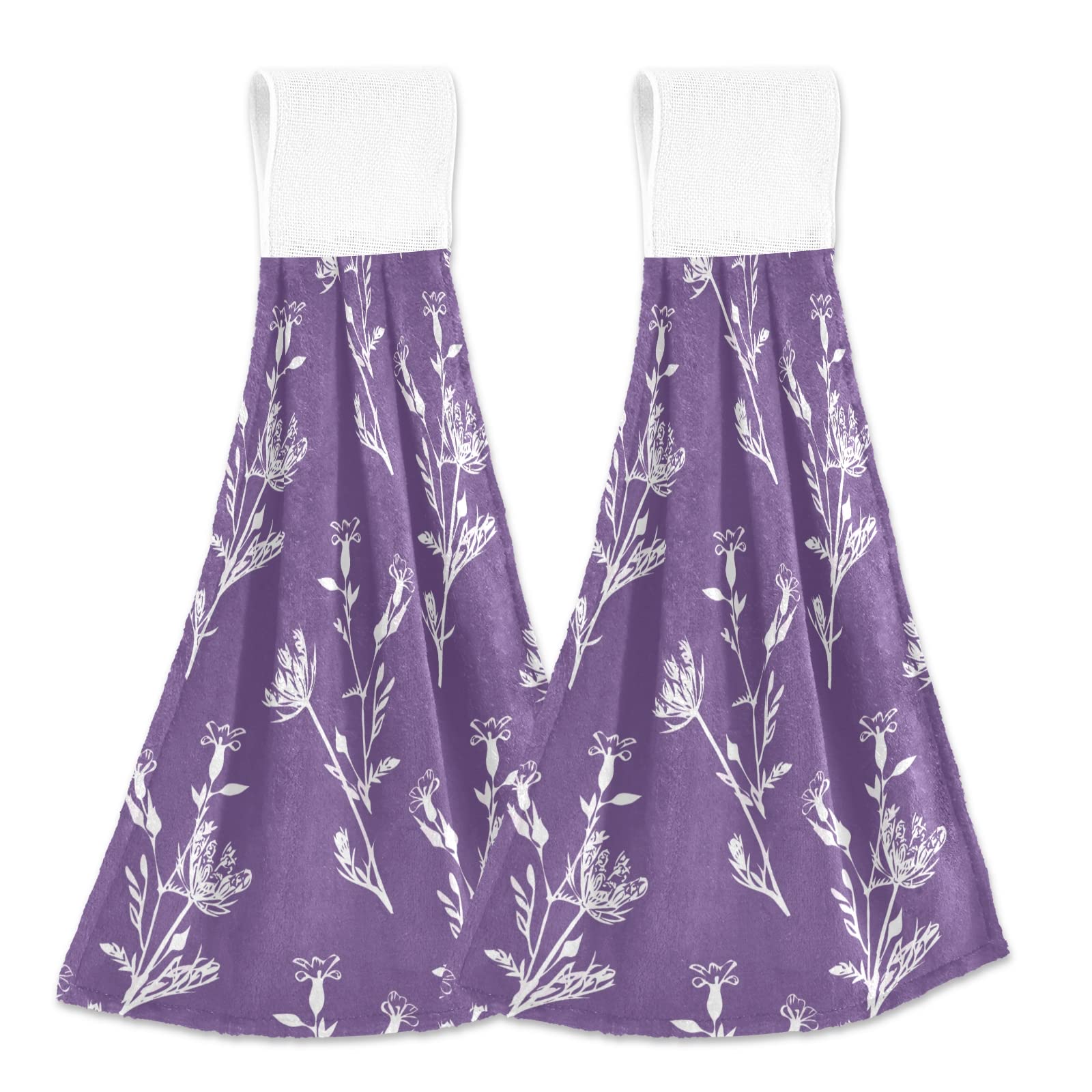 Purple Field Flowers Hand Towels Set of 2 - Soft Absorbent Microfiber Coral Velvet Towels with Hanging Loop for Kitchen, Bathroom & Laundry Room - Perfect for Drying Dishes, Hands & Decor
