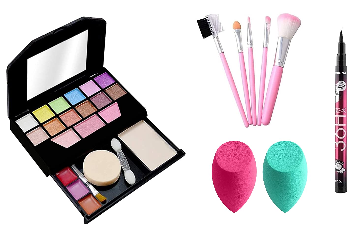 Professional Makeup Kit for Girls - 5-Piece Makeup Brush Set, 2 Puff Sponges & 18-Hour Longwear Black Eyeliner (5024) | Perfect for Teens, Beginners & Everyday Makeup Looks