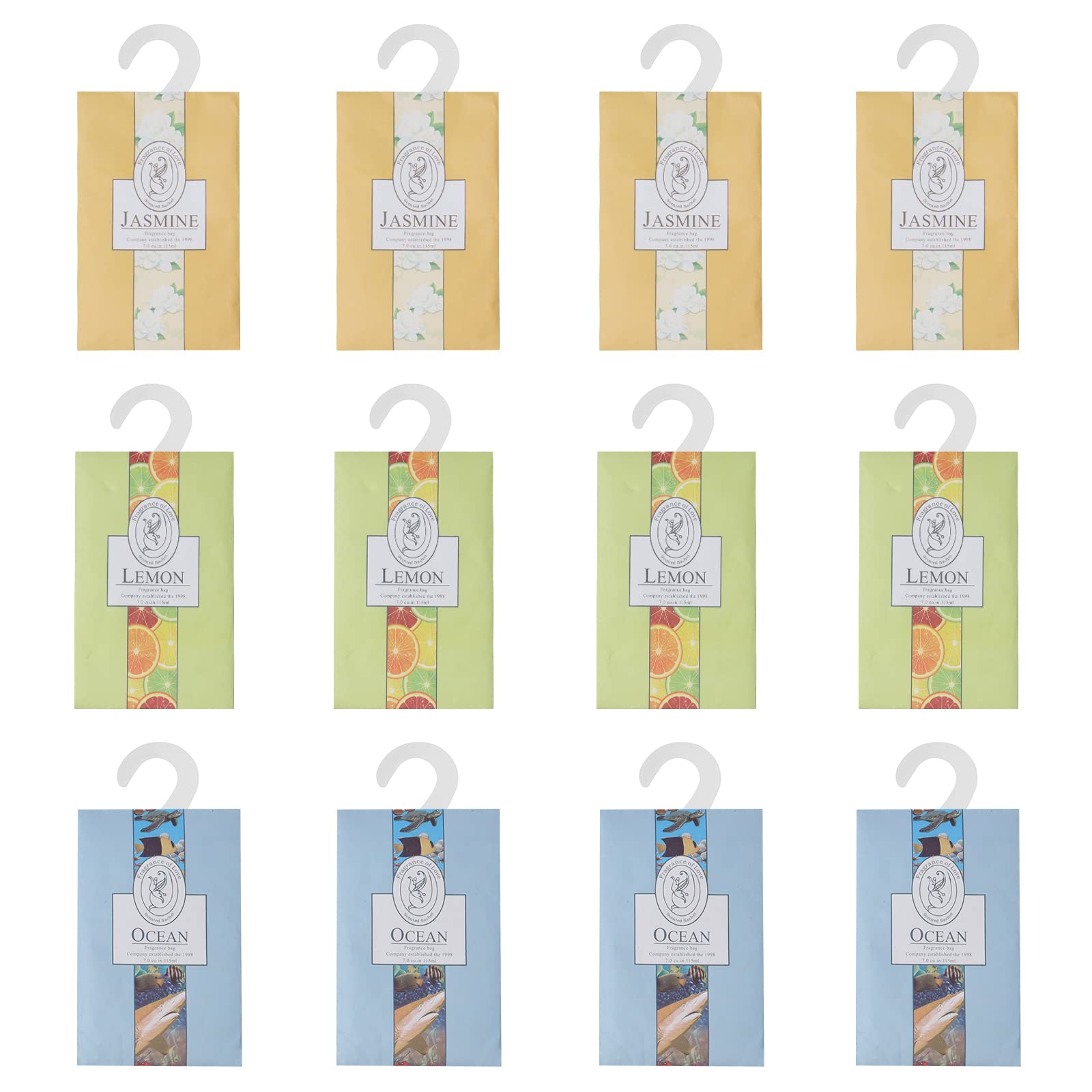 12 Pack Long Lasting Scented Sachets - 3 Fragrances (Jasmine, Lemon, Ocean) | Home Fragrance Bags for Drawers, Closets, Cars & Travel | Natural Air Freshener for Fresh Smelling Spaces