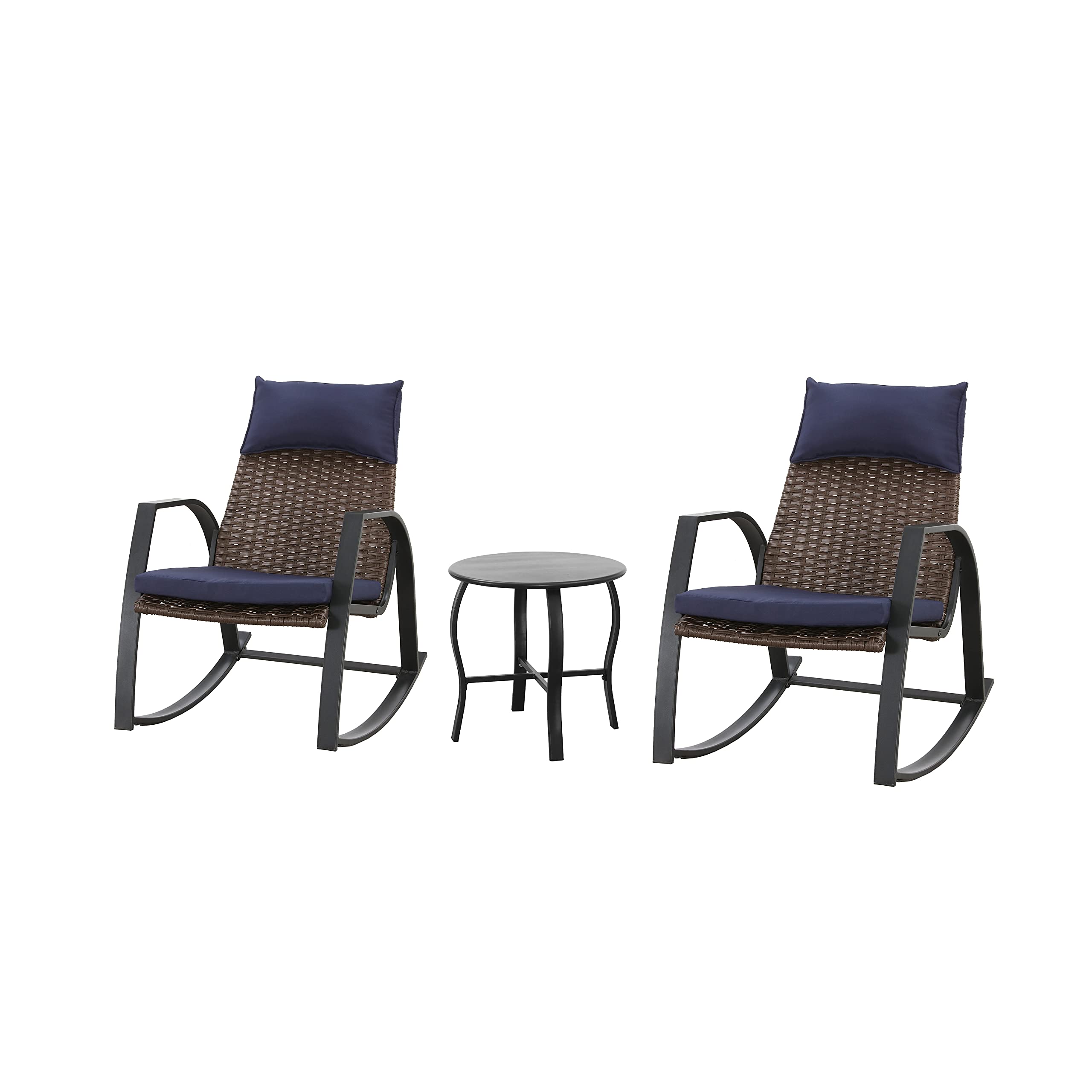 LOKATSE HOME 3-Piece Outdoor Bistro Set - Patio Wicker Furniture with Cushioned Rattan Rocking Chairs & Coffee Table in Blue - Perfect for Garden, Balcony, and Backyard Relaxation