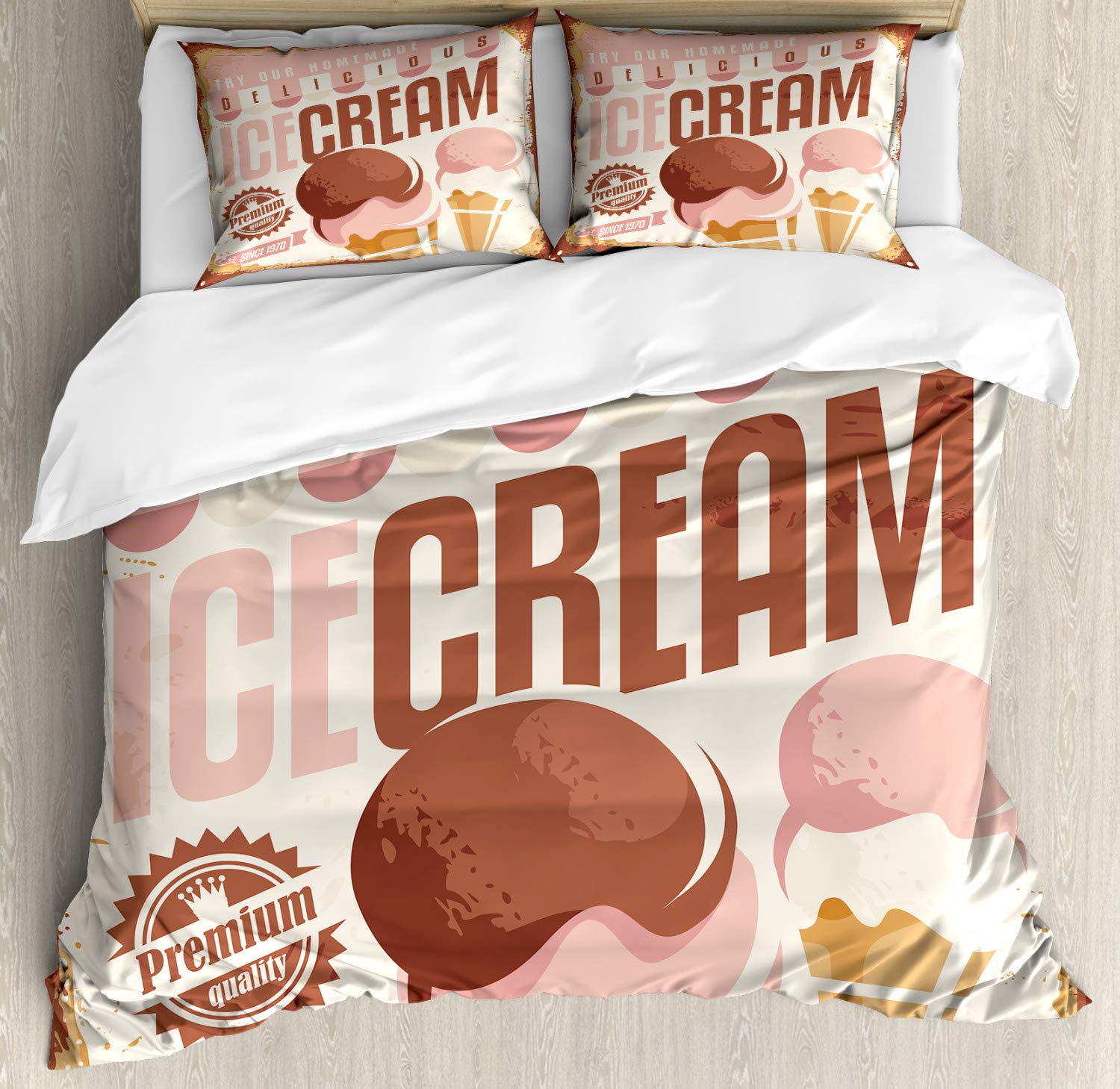 Ambesonne Ice Cream Duvet Cover Set - Pop Art Style Nostalgic Homemade Ice Cream Print 3-Piece Bedding Set with 2 Pillow Shams, California King Size, Pale Pink Chocolate - Perfect for Kids' Rooms, Summer Bedroom Decor & Ice Cream Themed Parties