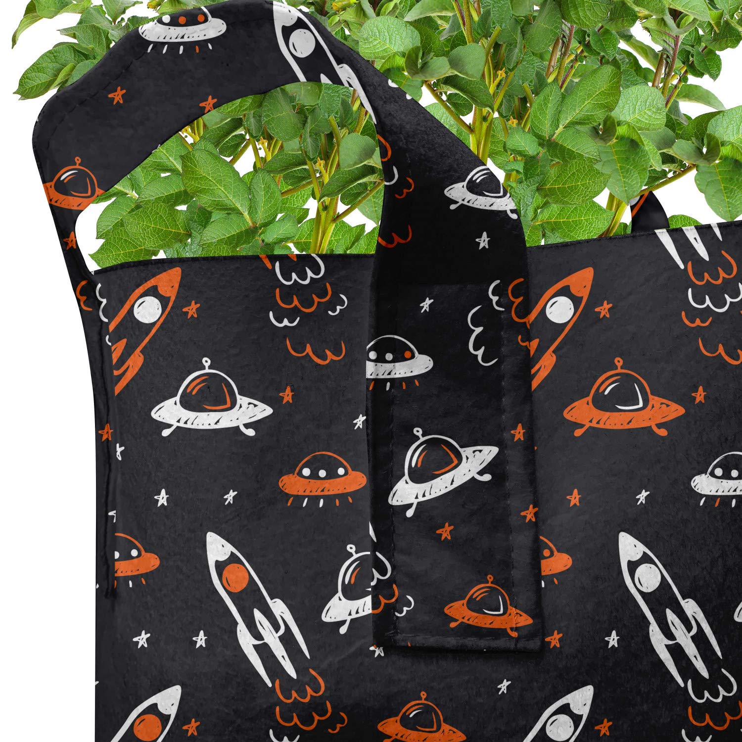 Ambesonne 5-Pack Space Themed Grow Bags - 7 Gallon Heavy Duty Fabric Plant Pots with Handles for Indoor/Outdoor Gardening - Black Orange White Cosmic Design - Perfect for Home Garden, Balcony Plants & Urban Farming